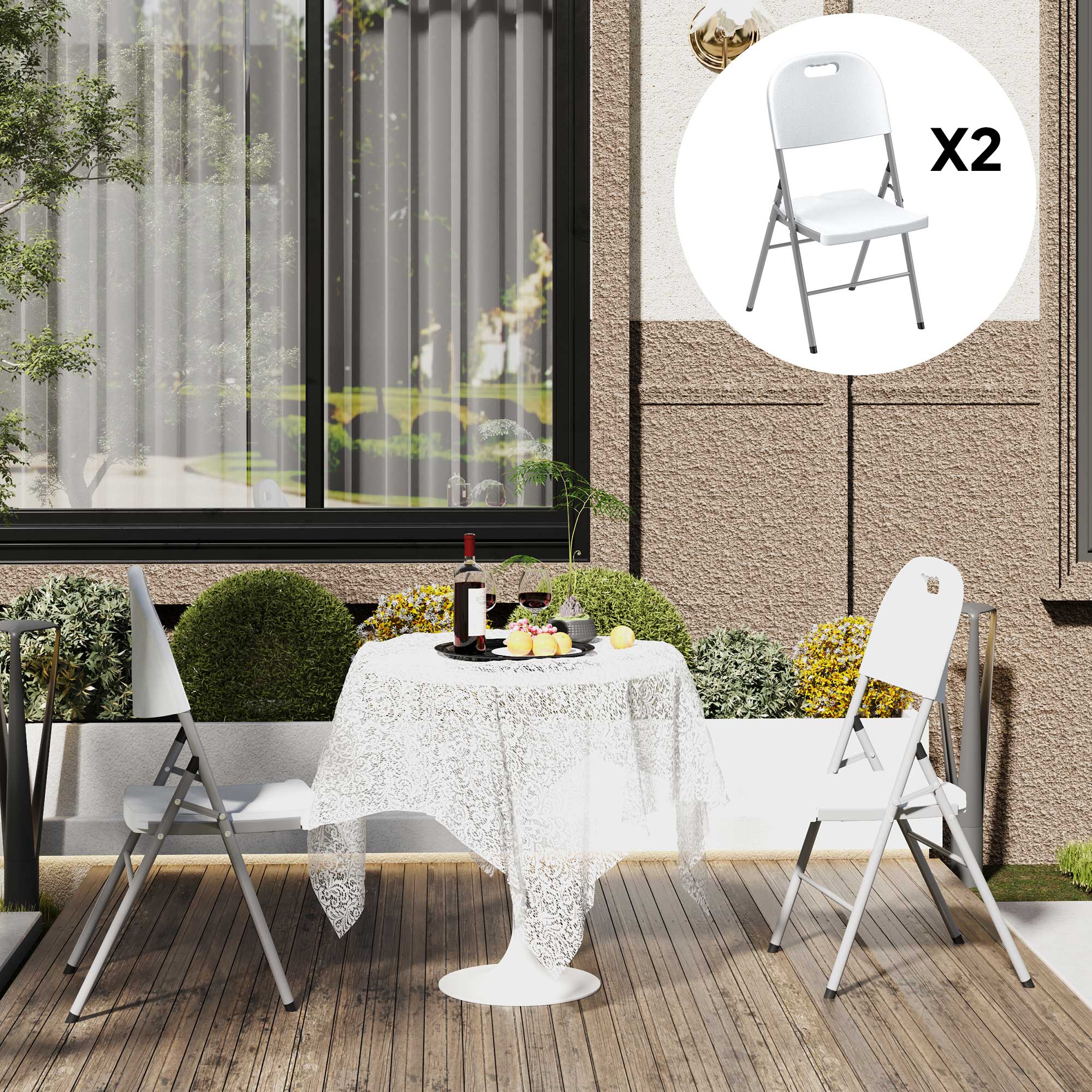 Outsunny Folding Chair Set of 2 with Steel Frame, Outdoor Chair Set with HDPE Backrest, Seat and Handles for Mobility, Garden Chair Set for Patio Deck Balcony, White