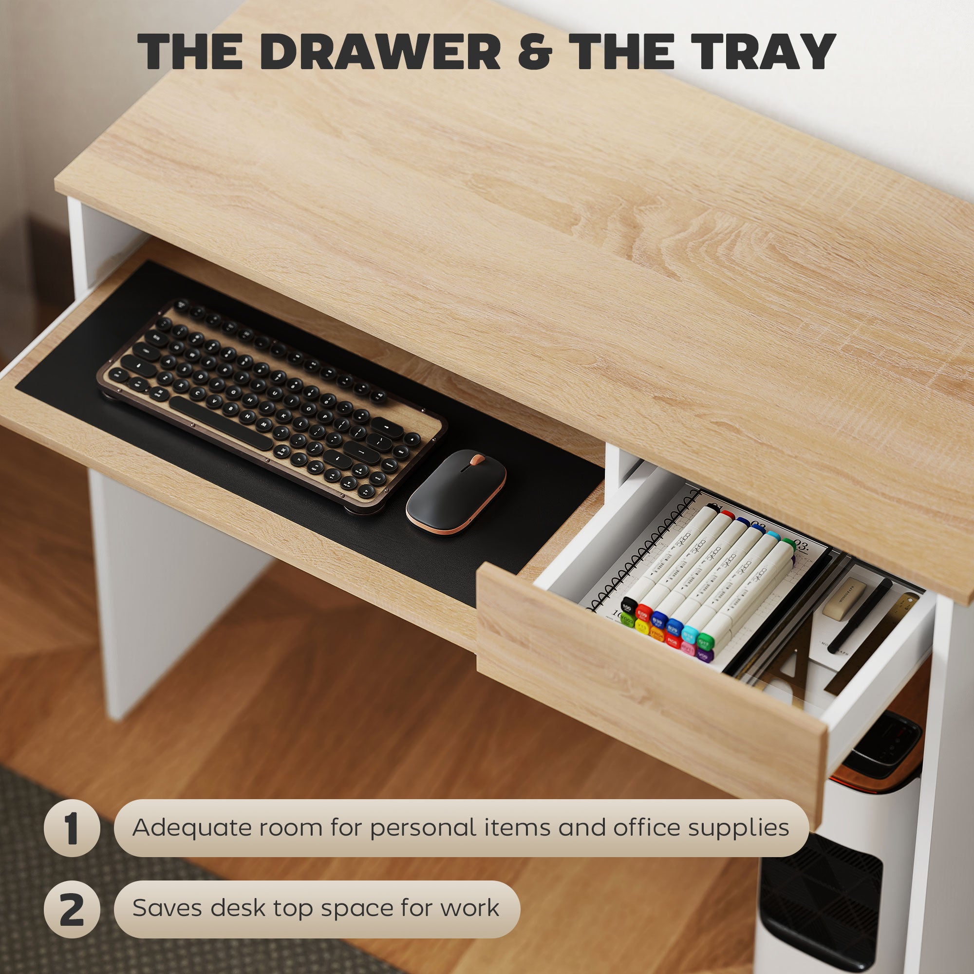 HOMCOM 100cm Compact Computer Desk with Keyboard Tray, Home Office Desk with Drawer for Bedroom Study, Oak - North Peak Garden Furniture