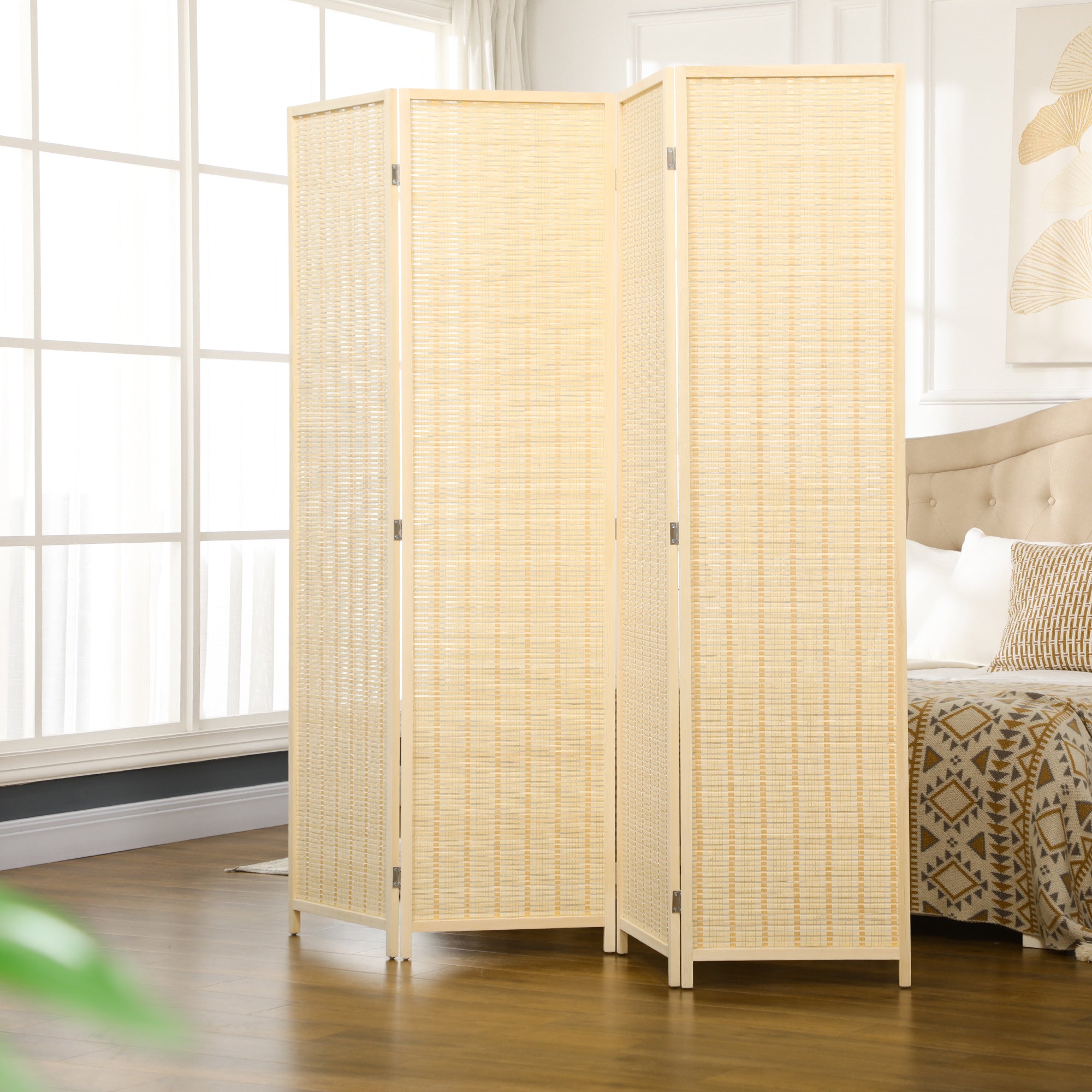 HOMCOM 4 Panel Folding Room Divider Screen, Wall Panel Privacy Furniture, Freestanding Paravent Partition Separator for Living Room, Bedroom and Office, 180 x 180cm, Natural - North Peak Garden Furniture