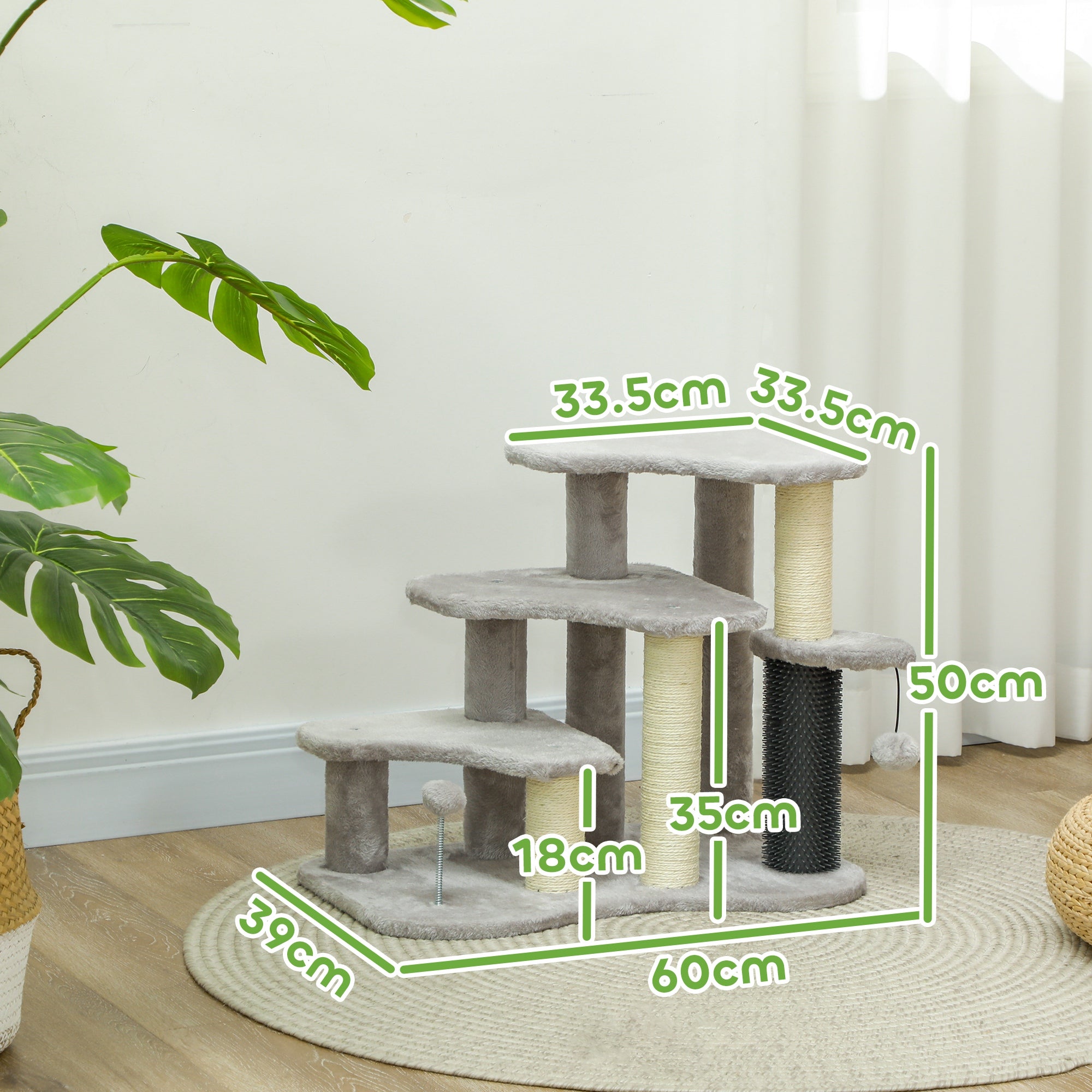 PawHut 2-in-1 Cat Tree, Pet Stairs w/ Scratching Post, Toy Balls, for Bed, Sofa, Couch, Light Grey