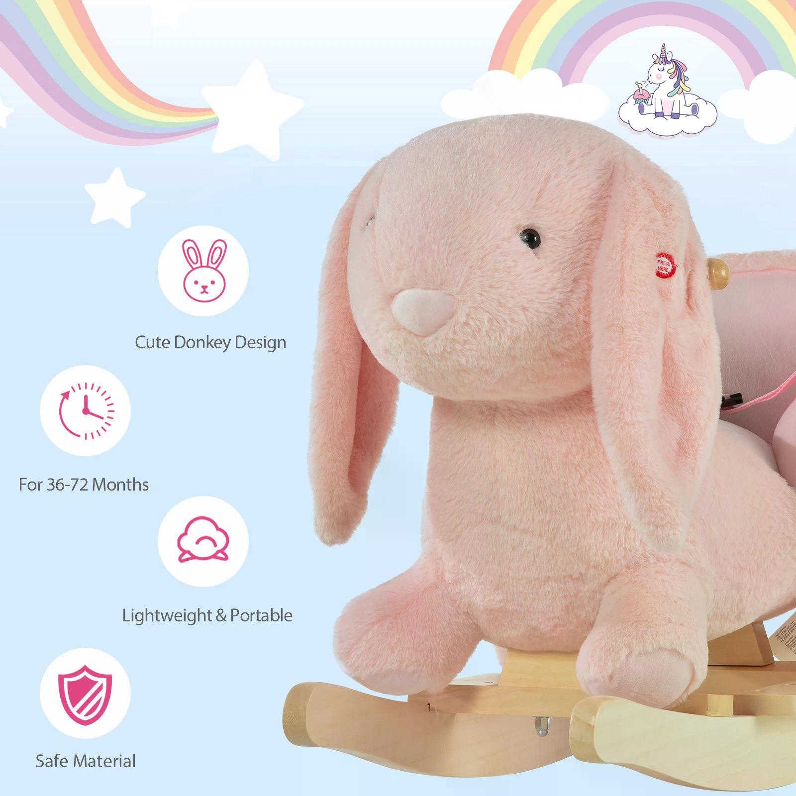 HOMCOM Kids Children Rocking Horse Plush Ride On Rabbit Seat w/ Sound Wood Base Seat Safety Belt Toddler Baby Toy Rocker Pink 18 - 36 Months