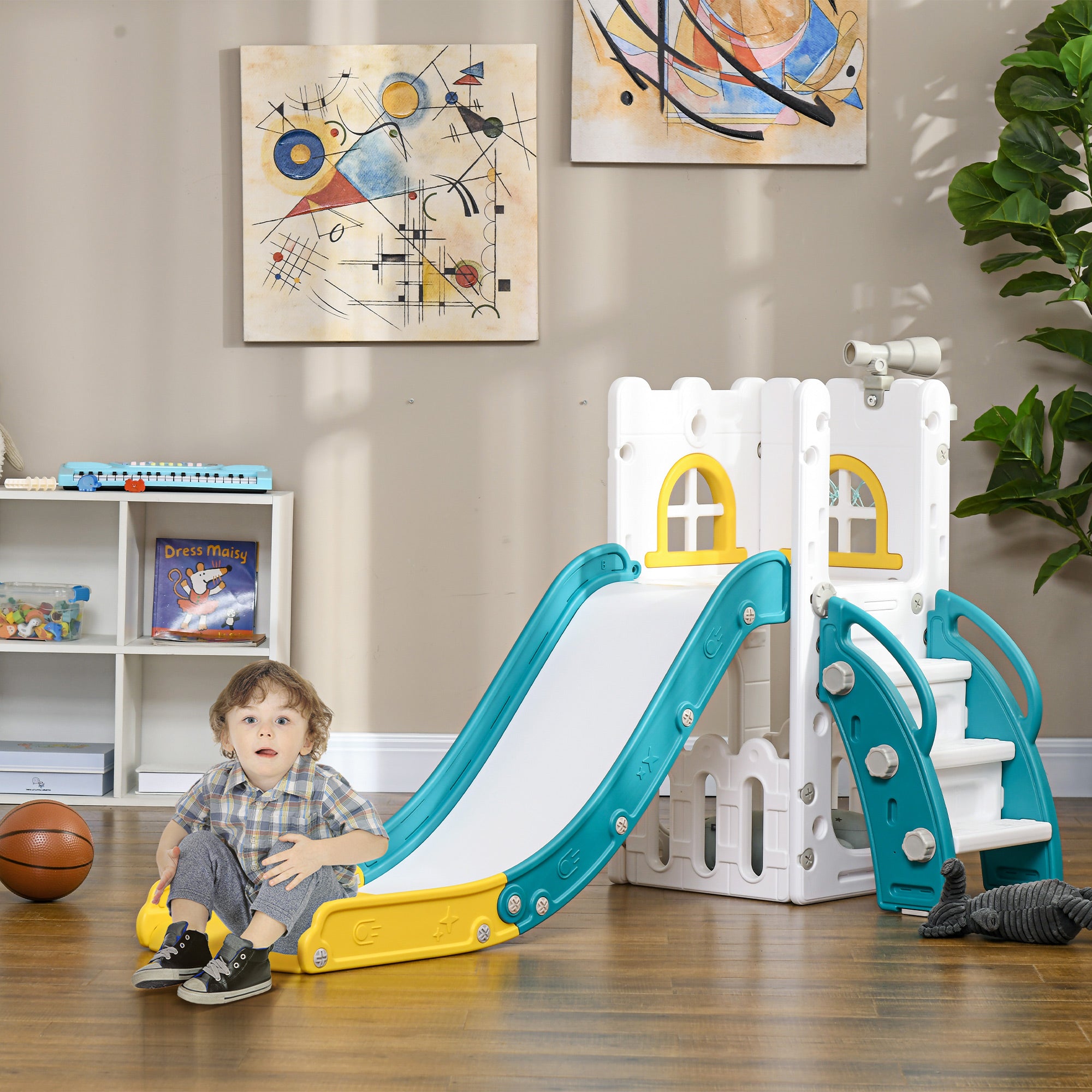 AIYAPLAY 4 in 1 Toddler Slide with Basketball Hoop, Climber, Telescope, Storage Basket, for Ages 1-3 Years, Yellow - North Peak Garden Furniture