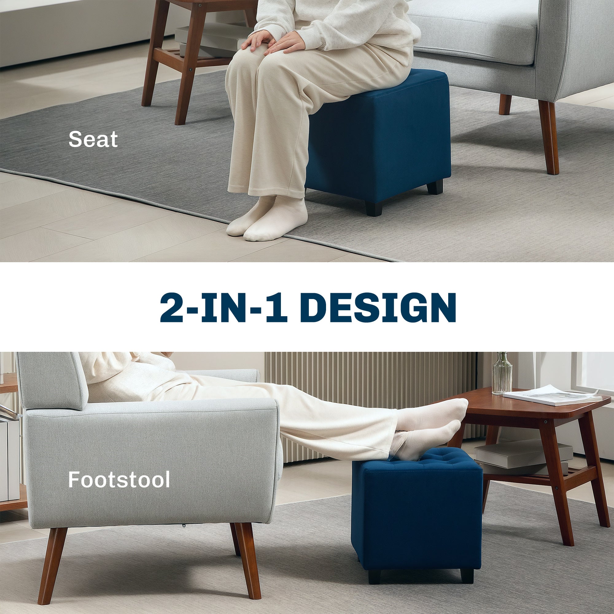 HOMCOM Velvet-Feel Square Ottoman - Blue - North Peak Garden Furniture