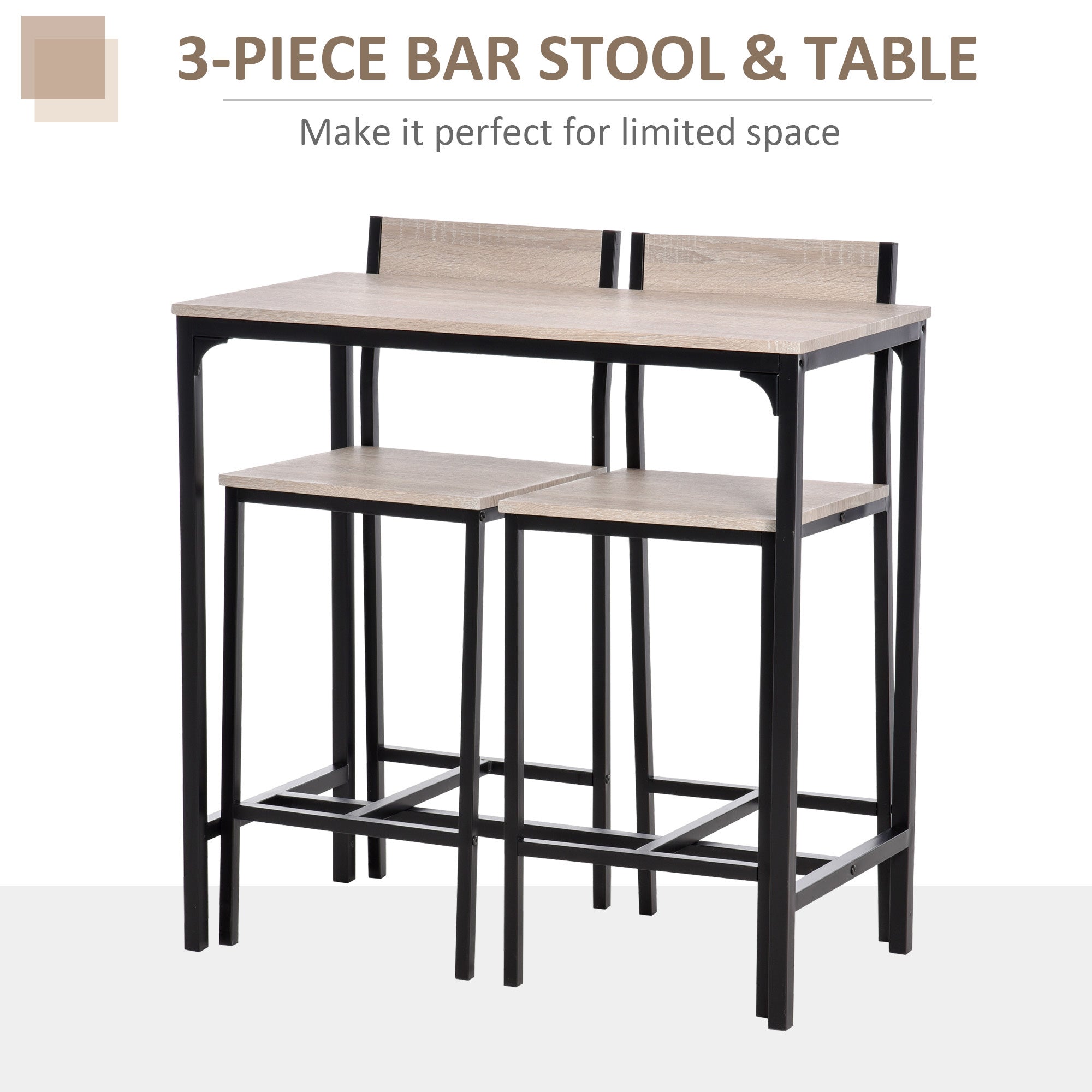 HOMCOM 3 Pcs Table Stool Set Industrial Design w/ Metal Frame Oak Tone MDF Panels Minimal Compact Beautiful - North Peak Garden Furniture