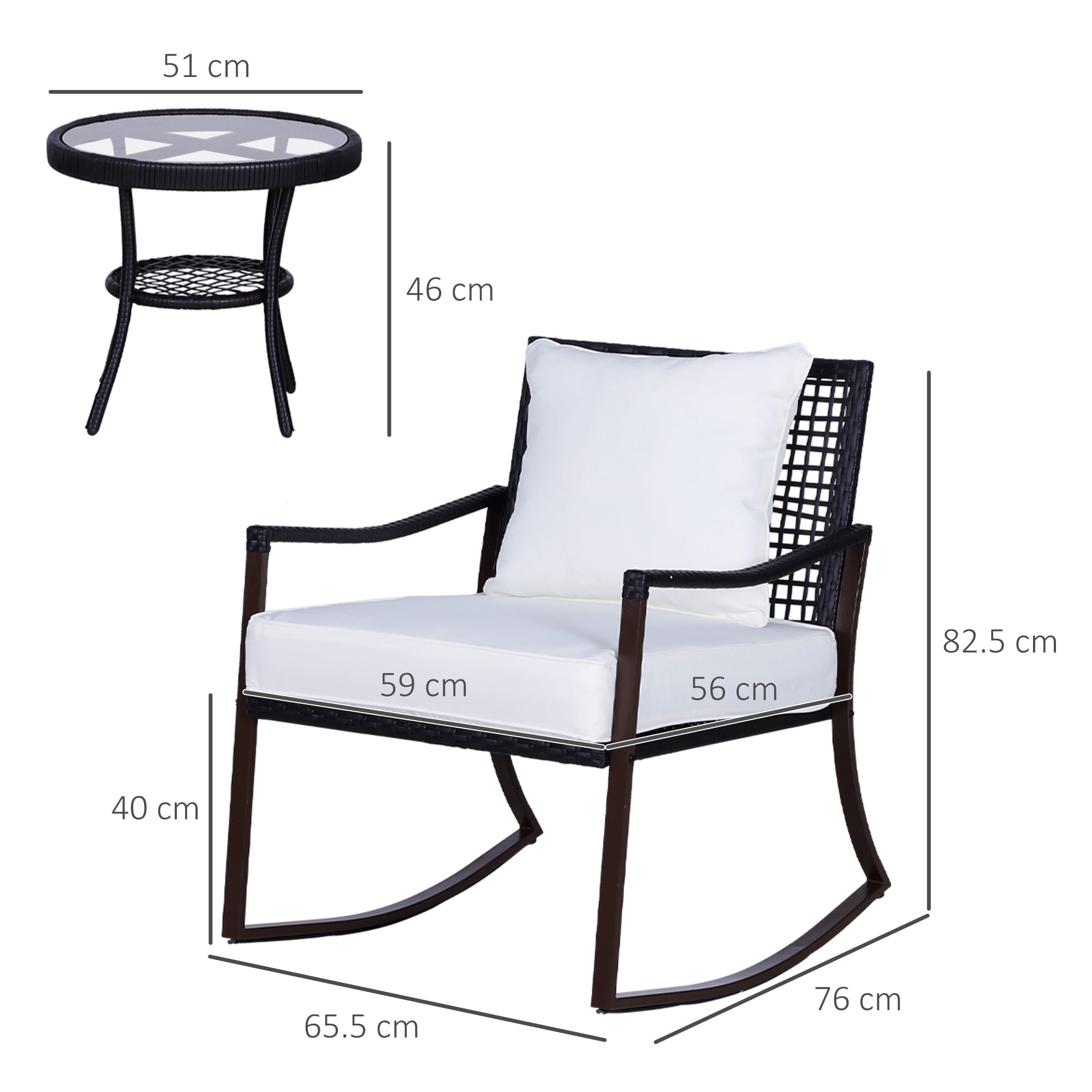Outsunny 3 Pieces PE Rattan Garden Rocking Chair Set w/ Soft Cushion, Outdoor Rocking Bistro Set with Tempered Glass Round Coffee Table, Pillow, Brown - North Peak Garden Furniture