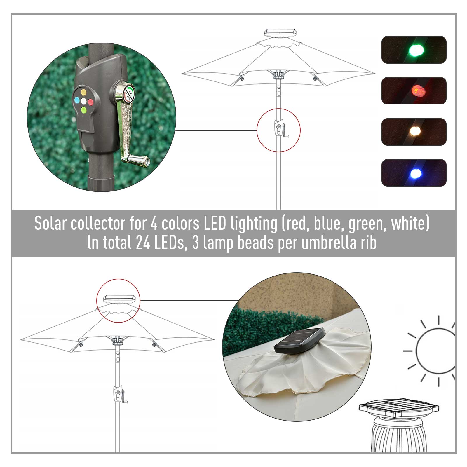 Outsunny Φ2.7m Garden 24 LED Light Parasol Solar Outdoor Tilt Sun Umbrella Patio Club Party Event Manual Sun Shade w/ Hand Crank and 8 Ribs, Off-white - North Peak Garden Furniture