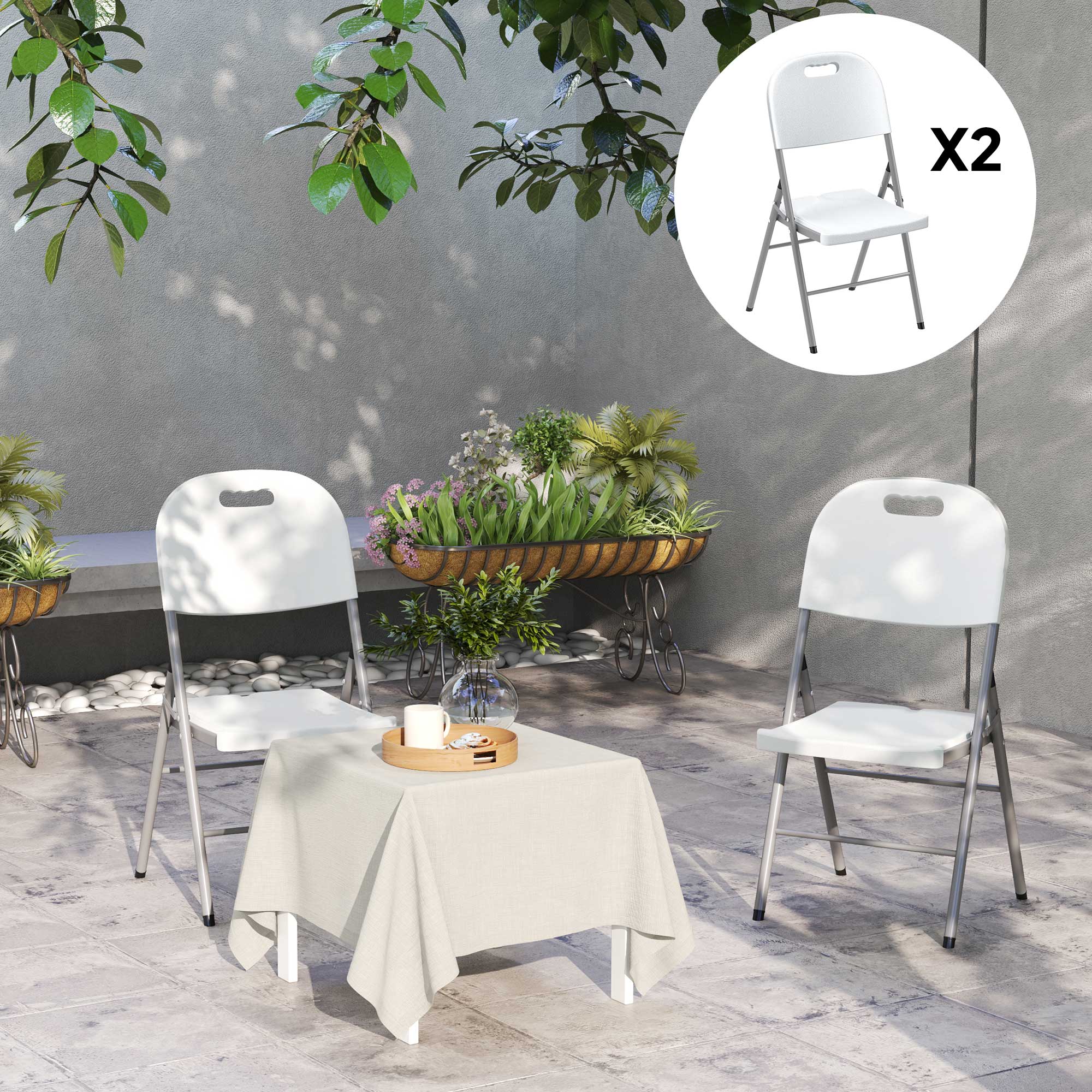 Outsunny Folding Chair Set of 2 with Steel Frame, Outdoor Chair Set with HDPE Backrest, Seat and Handles for Mobility, Garden Chair Set for Patio Deck Balcony, White