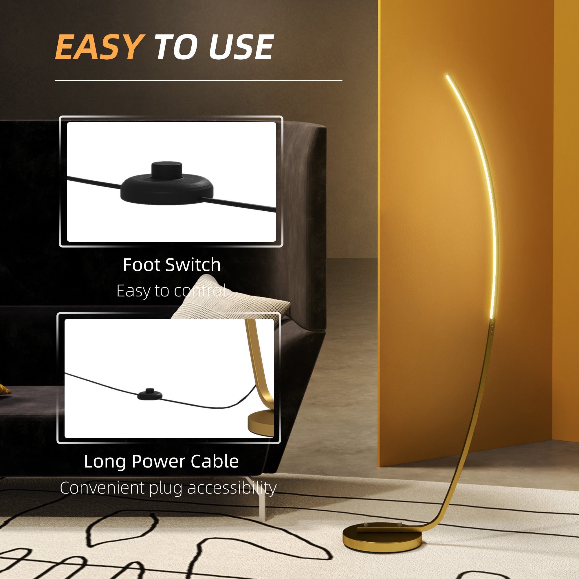 HOMCOM Modern 147cm Curved LED Floor Lamp - Gold Tone - North Peak Garden Furniture
