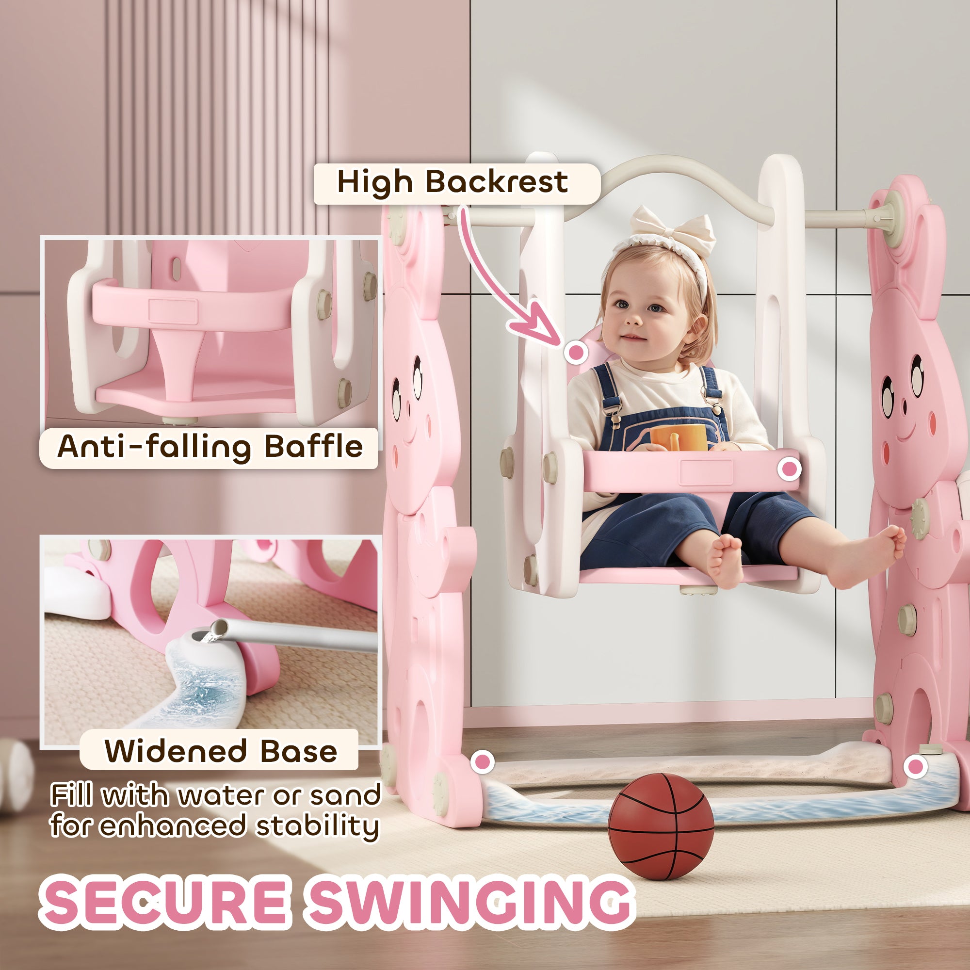 AIYAPLAY 4 in 1 Kids Slide and Swing Set with Climber, Basketball Hoop, Rabbit-Themed, Pink
