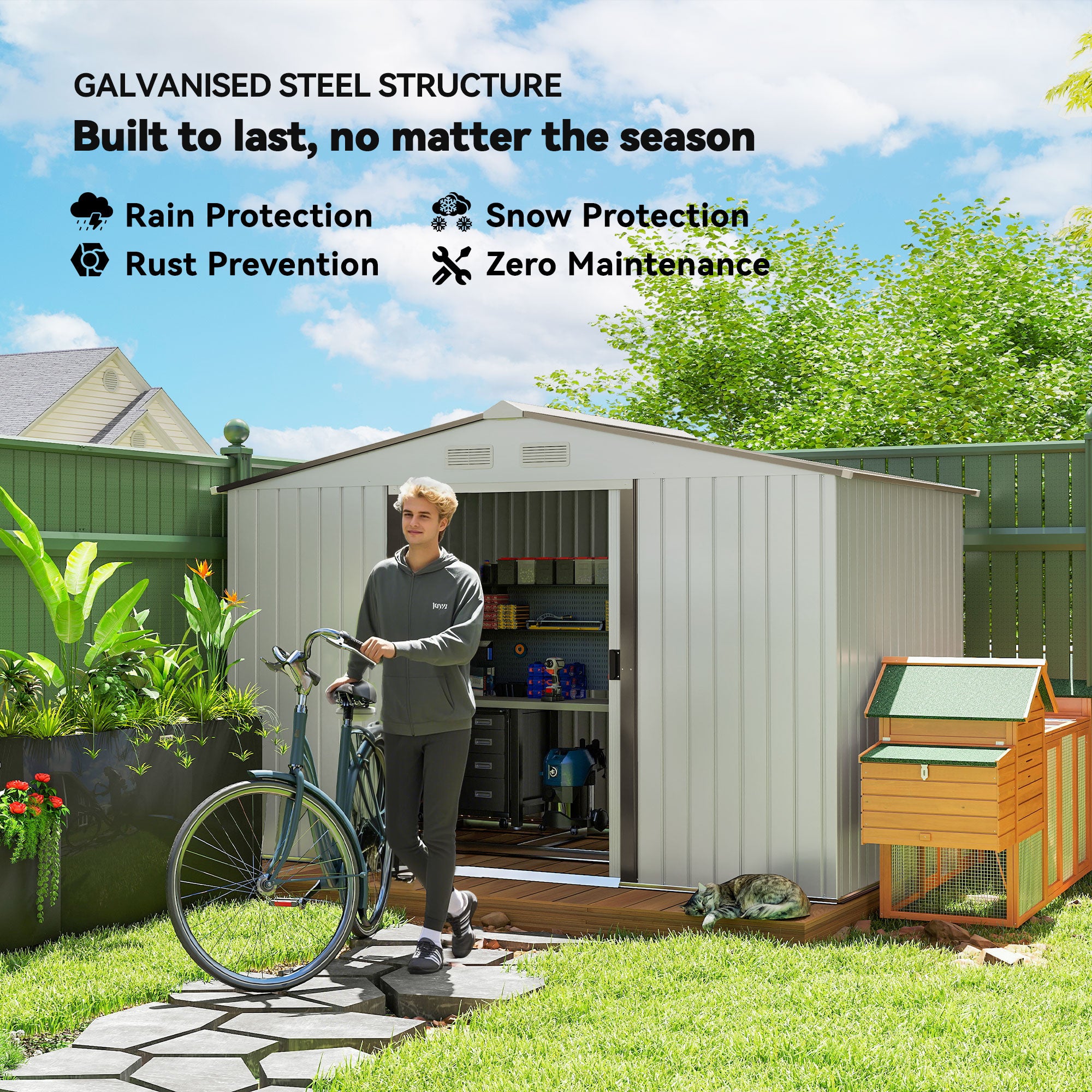Outsunny Garden Storage Shed, Metal Outdoor Storage Shed House with Foundation Kit, Ventilation, Doors, 9 x 6FT, Silver