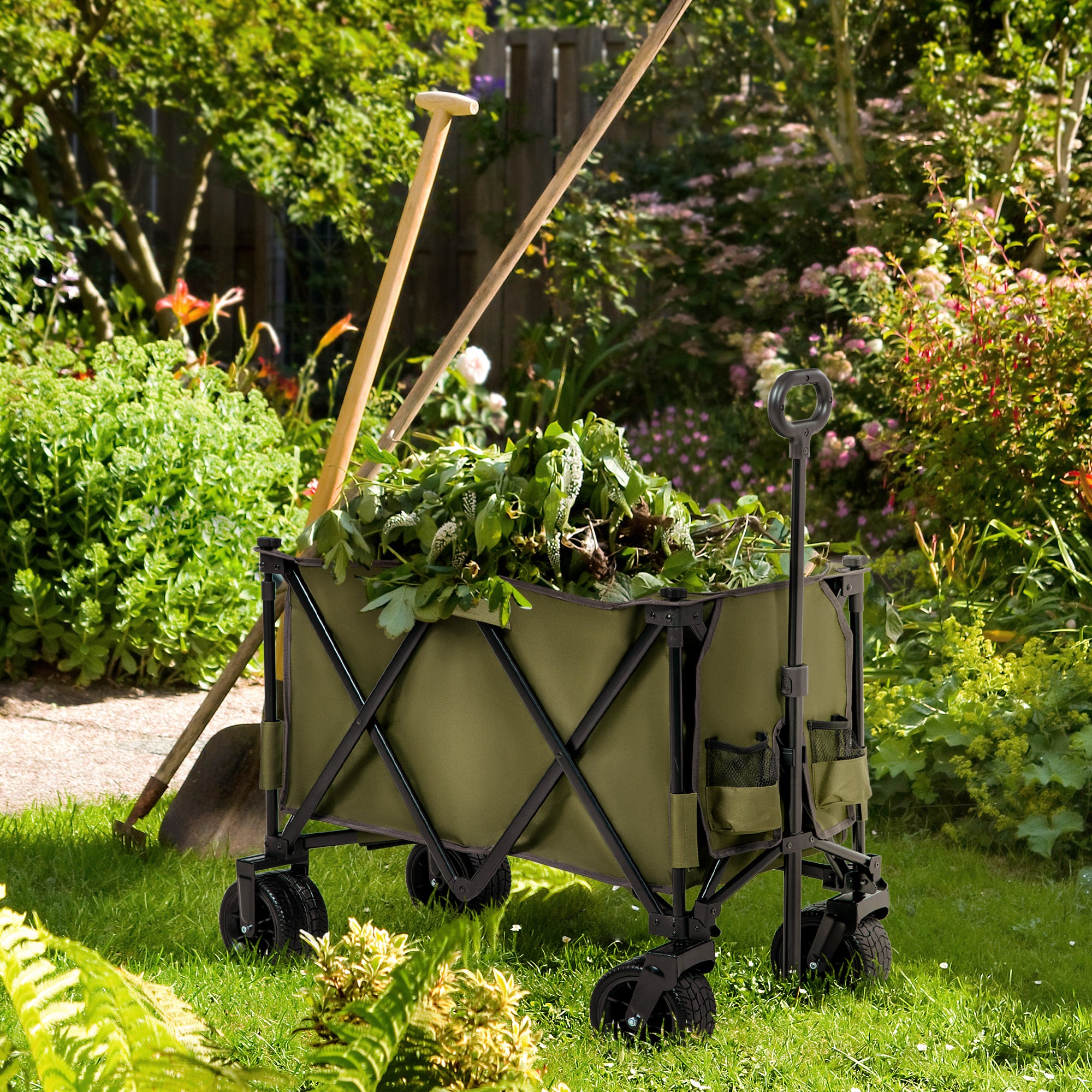 Outsunny Folding Garden Trolley, Cargo Traile on Wheels, Collapsible Camping Trolley, Outdoor Utility Wagon with Steel Frame and Oxford Fabric, Green - North Peak Garden Furniture