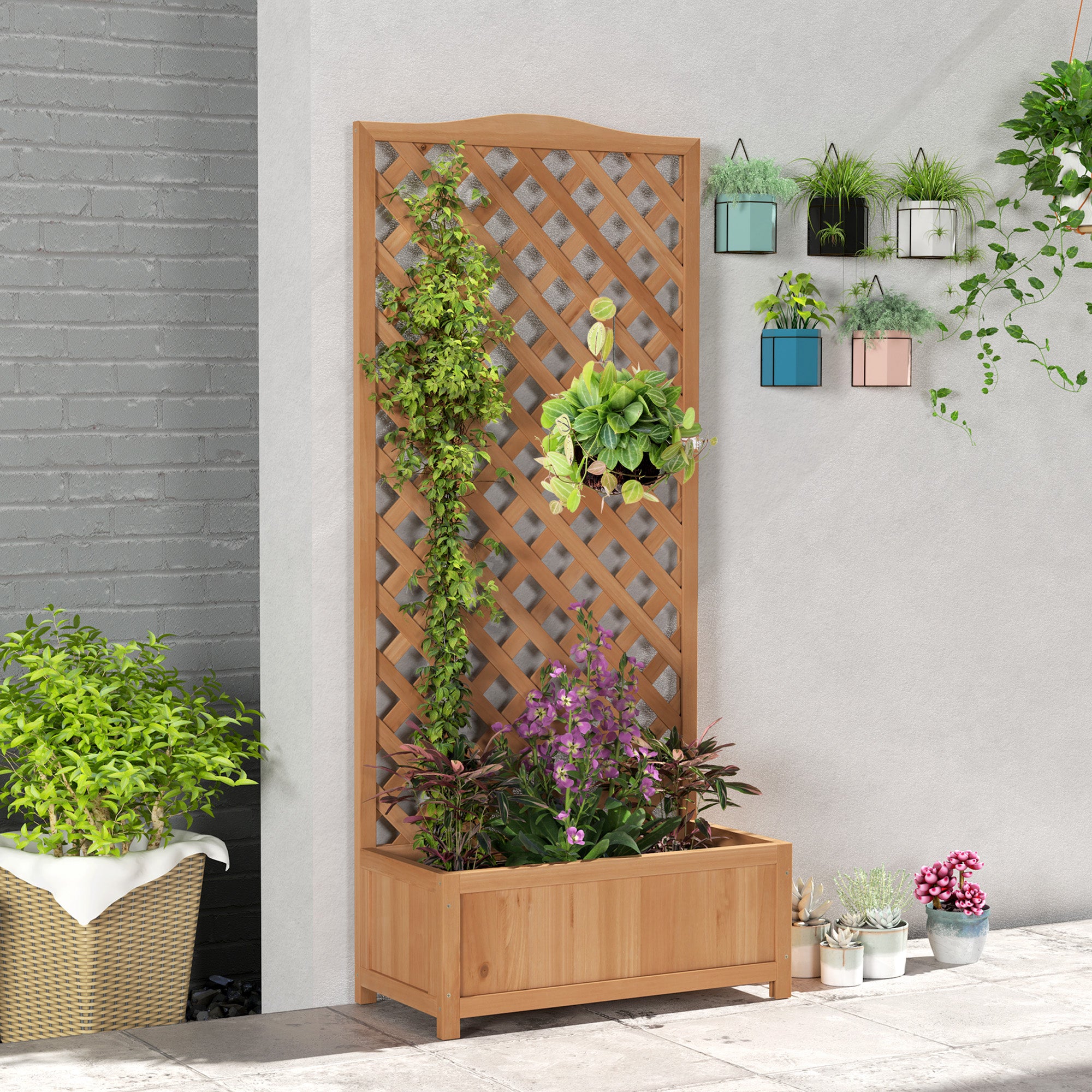 Outsunny 53L Garden Wooden Planter Box with Trellis Free Standing Flower Raised Bed with Lattice for Climbing Plants, 76cm x 36cm x 170cm, Brown - North Peak Garden Furniture
