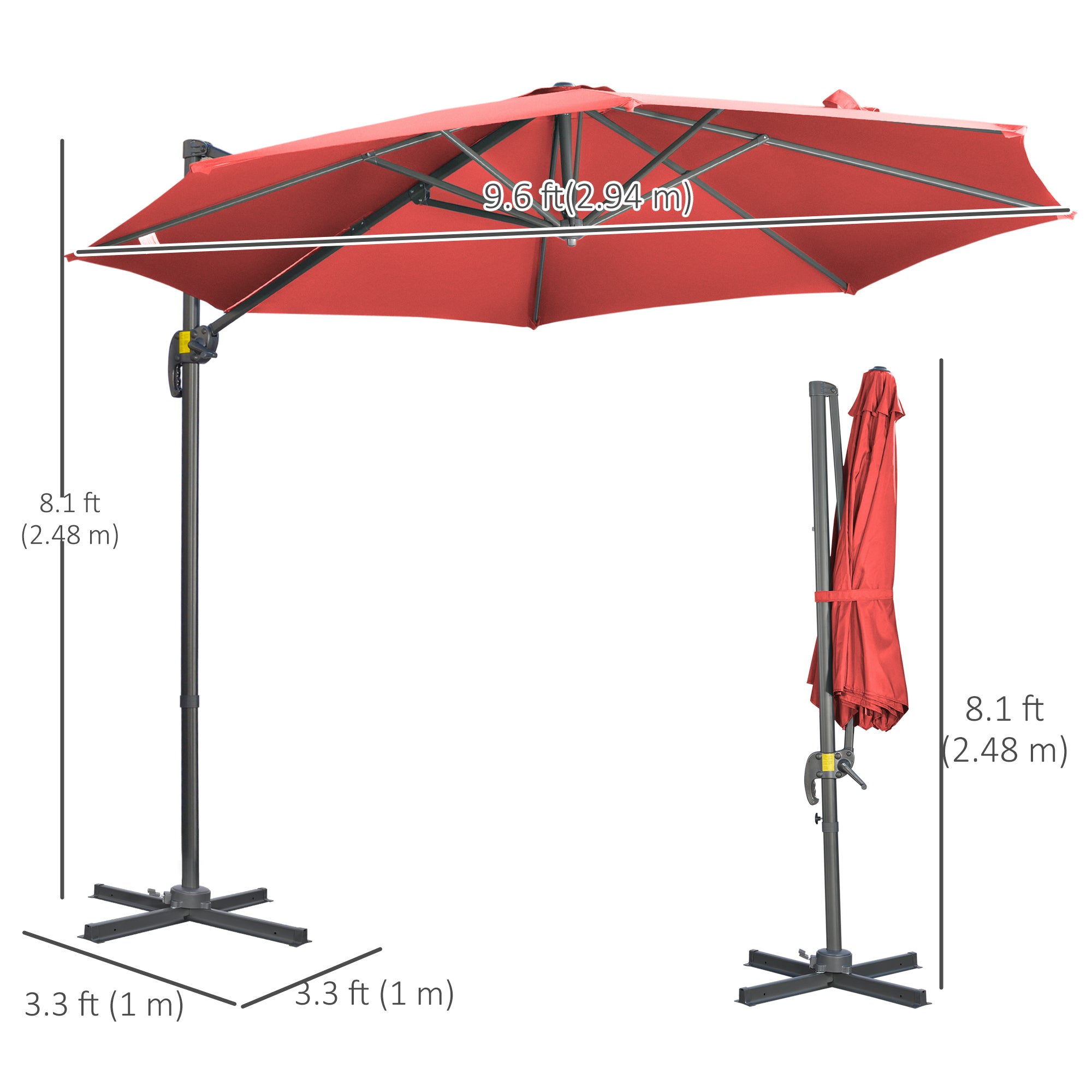 Outsunny 3 x 3(m) Cantilever Parasol with Cross Base Crank Handle - Wine Red - North Peak Garden Furniture