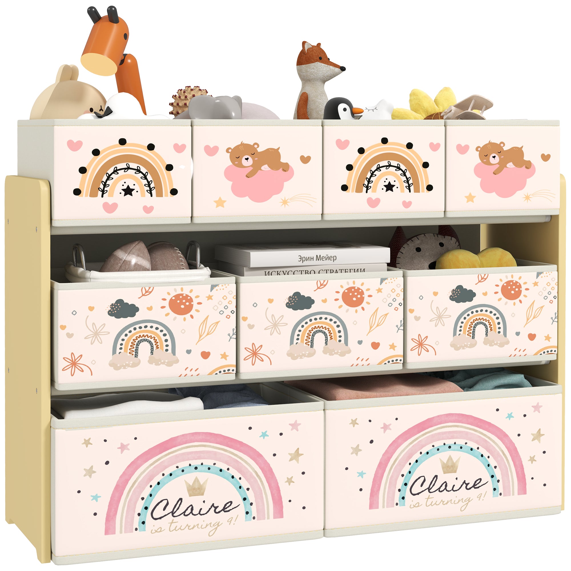 AIYAPLAY 3-Tier Kids Storage Unit with 9 Non-Woven Fabric Boxes for Toys, Books for Bedroom, Nursery, Yellow - North Peak Garden Furniture