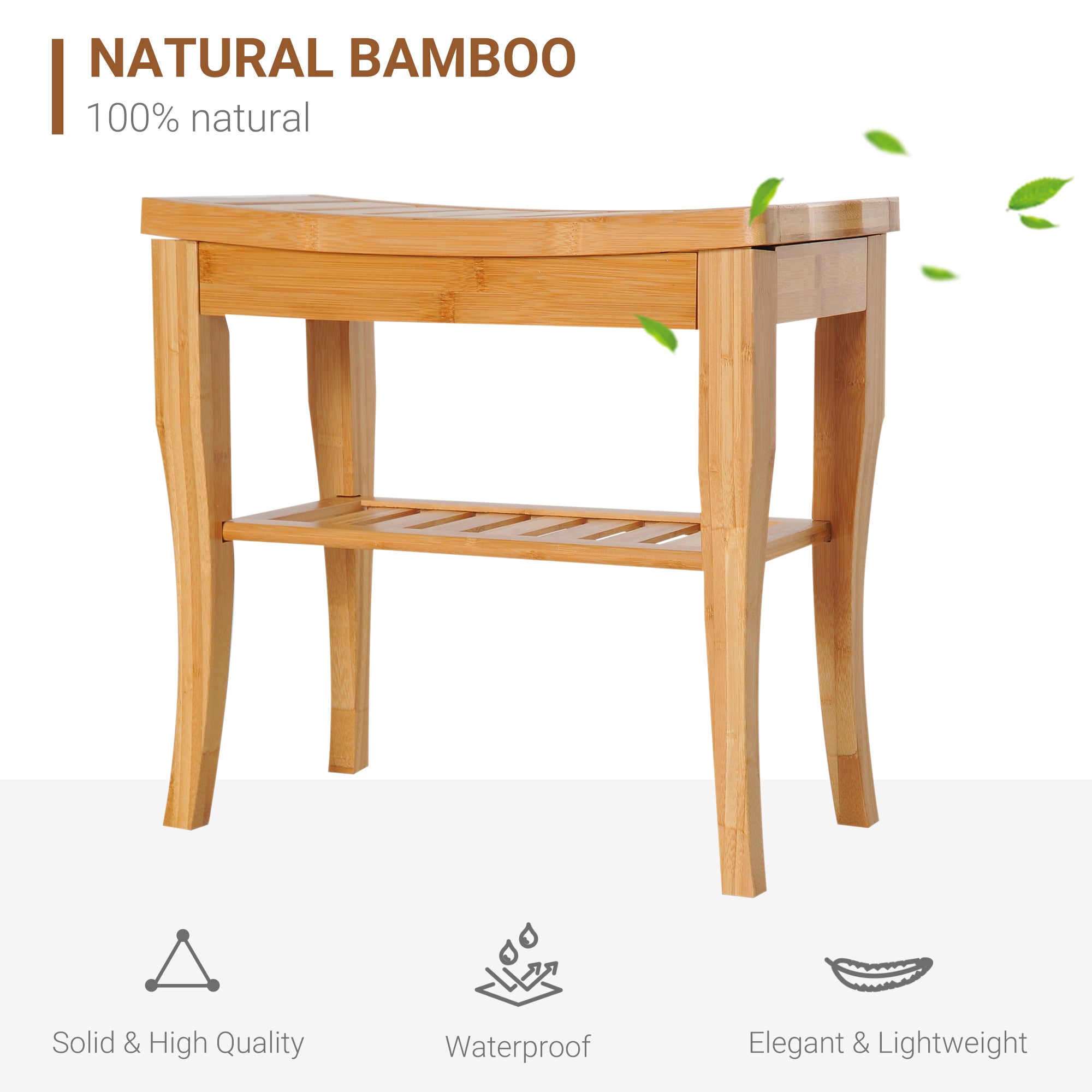 HOMCOM 45cm 2-Tier Slatted Shower Bench Storage Seat w/ 4 Legs Comfortable Safe Bathroom Stool Spa Bath Organiser - North Peak Garden Furniture