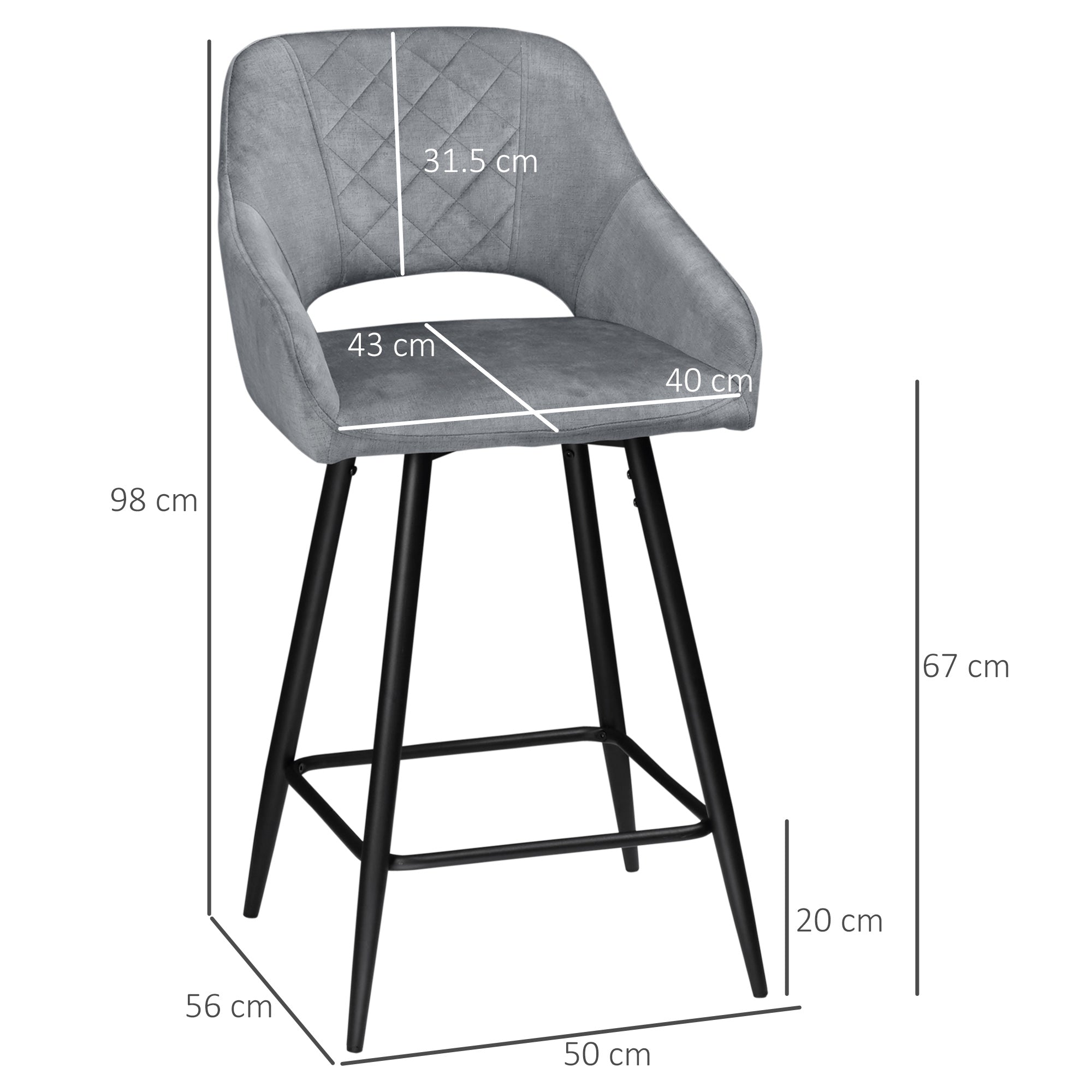 HOMCOM Bar Stools Set of 2, Velvet-Touch Fabric Counter Height Bar Chairs, Kitchen Stools with Steel Legs for Dining Area, Kitchen Island Barstools, Grey - North Peak Garden Furniture