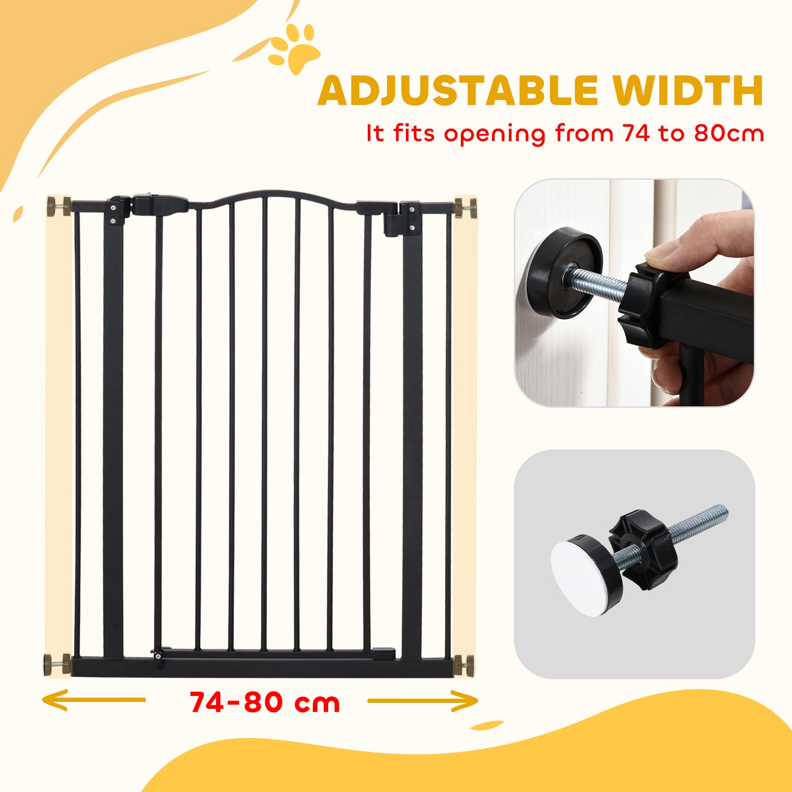 PawHut Pressure Fit Dog Stair Gate No Drilling Safety Gate Auto Close for Doorways, Hallways, 74-80cm Adjustable, 94cm Tall, Black