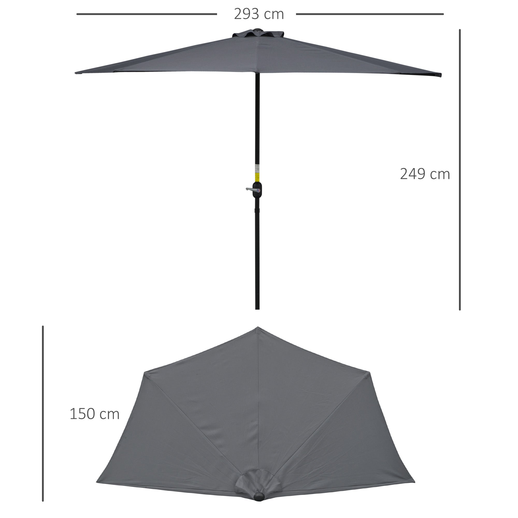 Outsunny 3(m) Half Parasol Semi Round Umbrella Patio Metal Frame Crank Handle for Balcony-- NO BASE INCLUDED, Grey - North Peak Garden Furniture