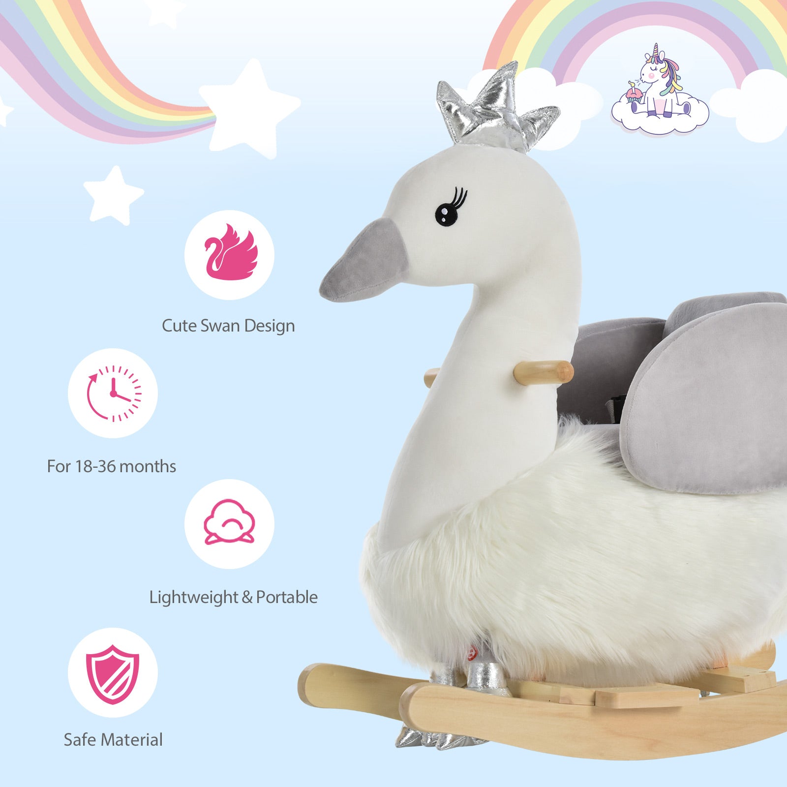 HOMCOM Kids Children Rocking Horse Plush Ride On Swan w/ Sound Wood Base Seat Safety Belt Toddler Baby Toy Rocker 18 - 36 Months