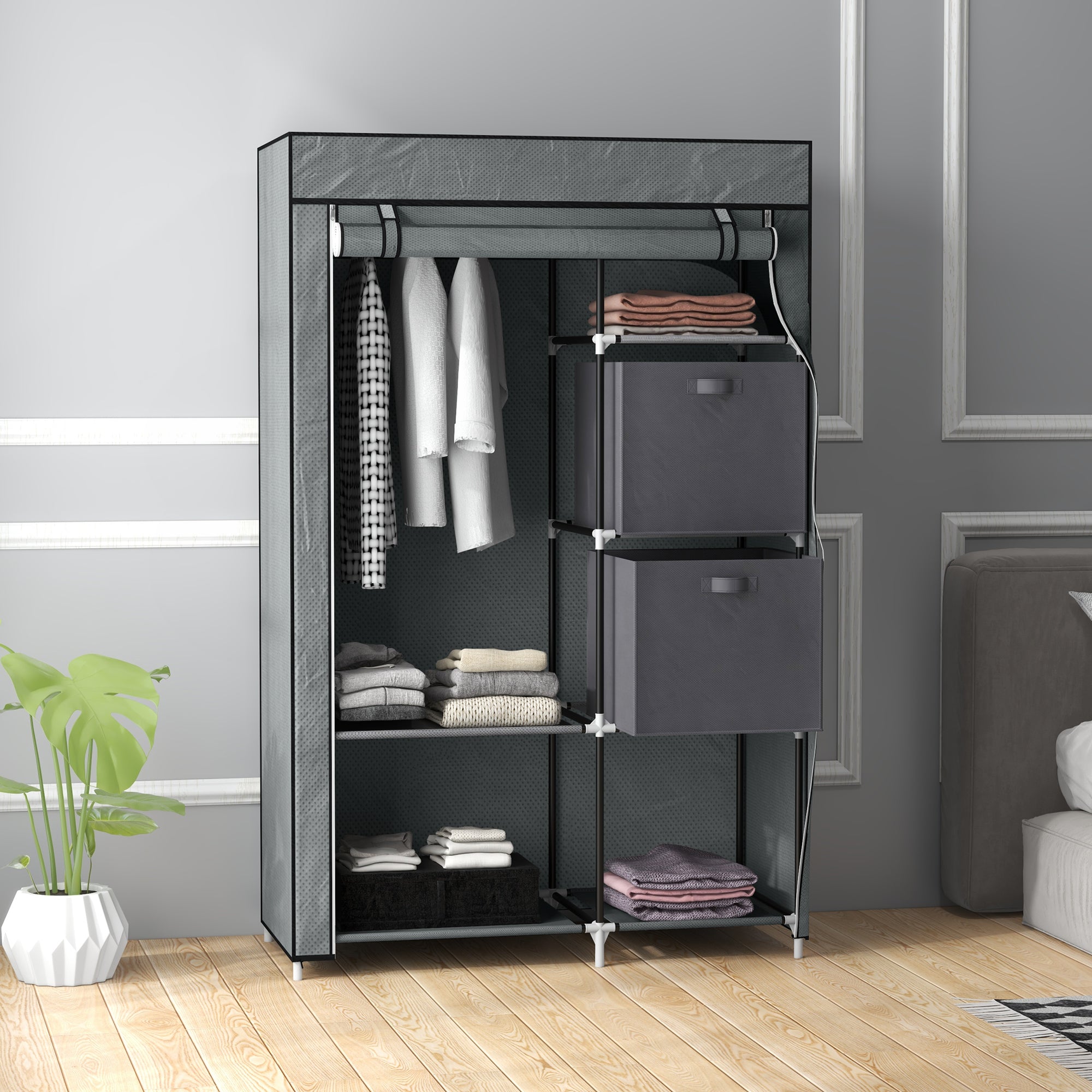 HOMCOM Fabric Wardrobe, Portable Wardrobe, Clothes Storage Unit with 5 Compartments, Hanging Rail and 2 Fabric Drawers, 102 x 42.5 x 162.5cm, Dark Grey - North Peak Garden Furniture