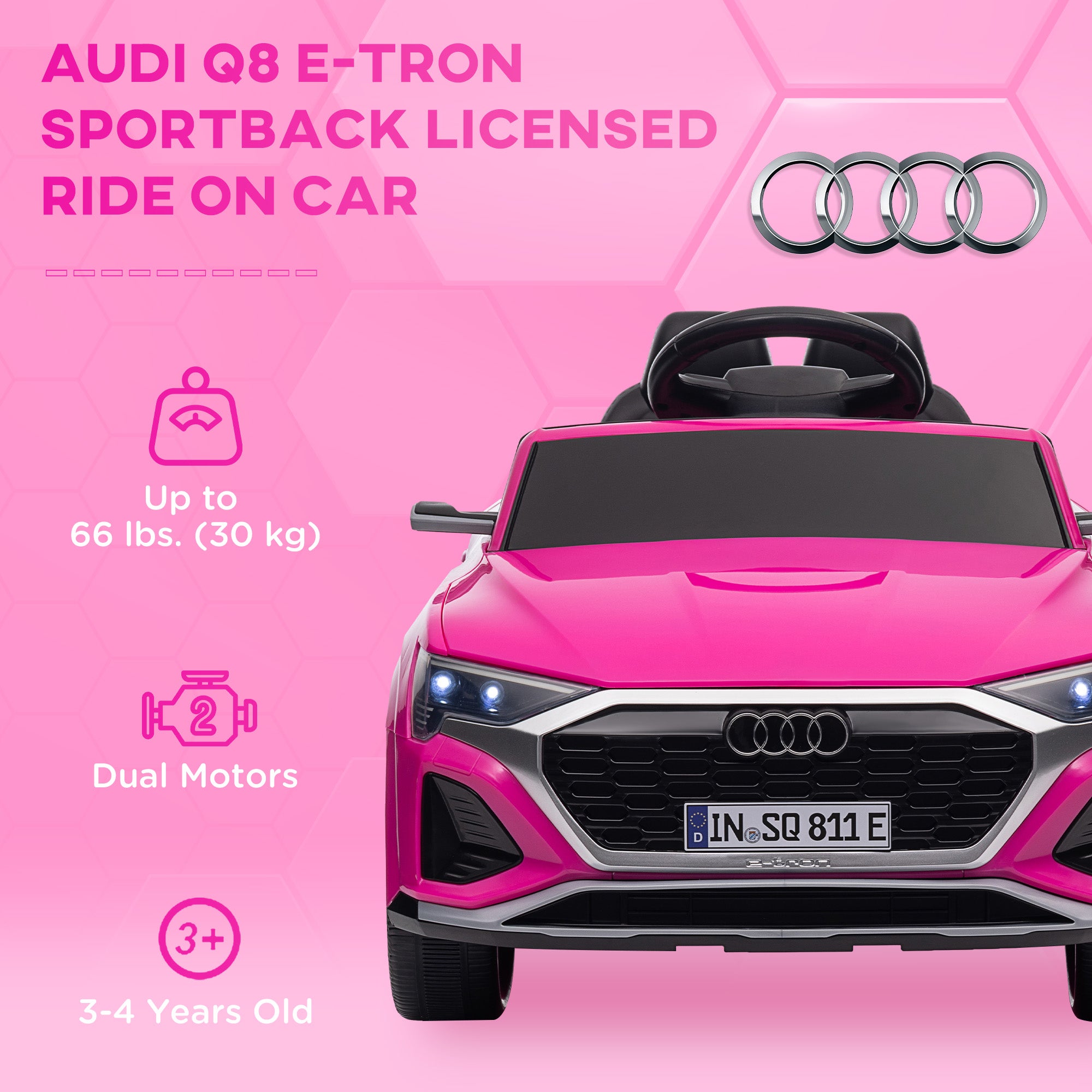 AIYAPLAY Audi Q8 e-tron Sportback Licensed 12V Ride on Car w/ Remote, 4 Spring Suspension Wheels, Headlights, Music, Horn - Pink - North Peak Garden Furniture