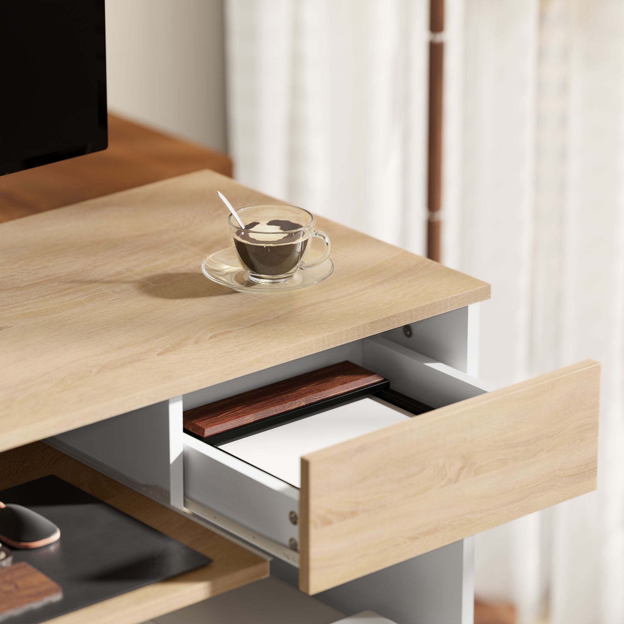 HOMCOM 100cm Compact Computer Desk with Keyboard Tray, Home Office Desk with Drawer for Bedroom Study, Oak - North Peak Garden Furniture
