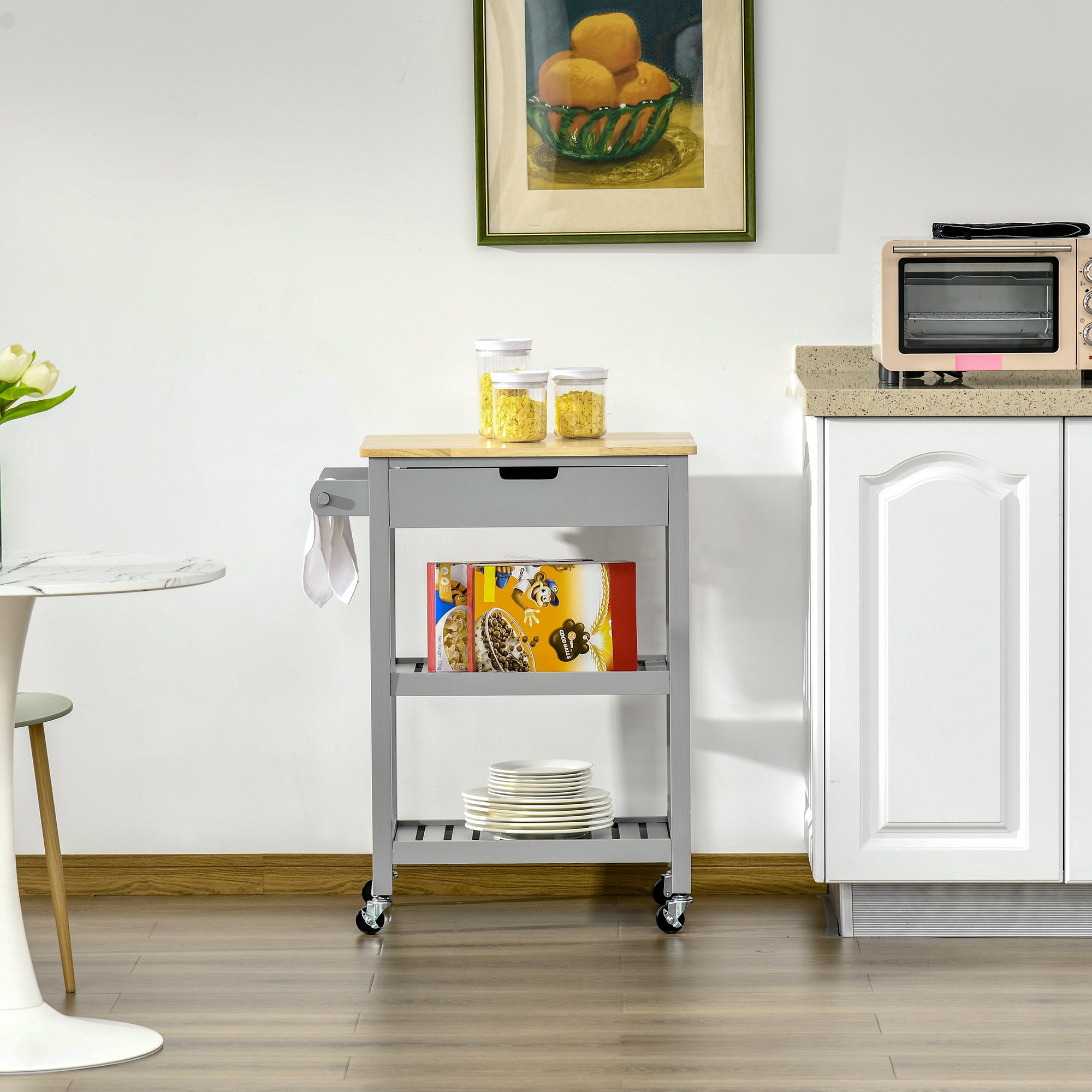 HOMCOM Kitchen Trolley Utility Cart on Wheels with Rubberwood Worktop, Towel Rack, Storage Shelves & Drawer for Dining Room, Grey - North Peak Garden Furniture