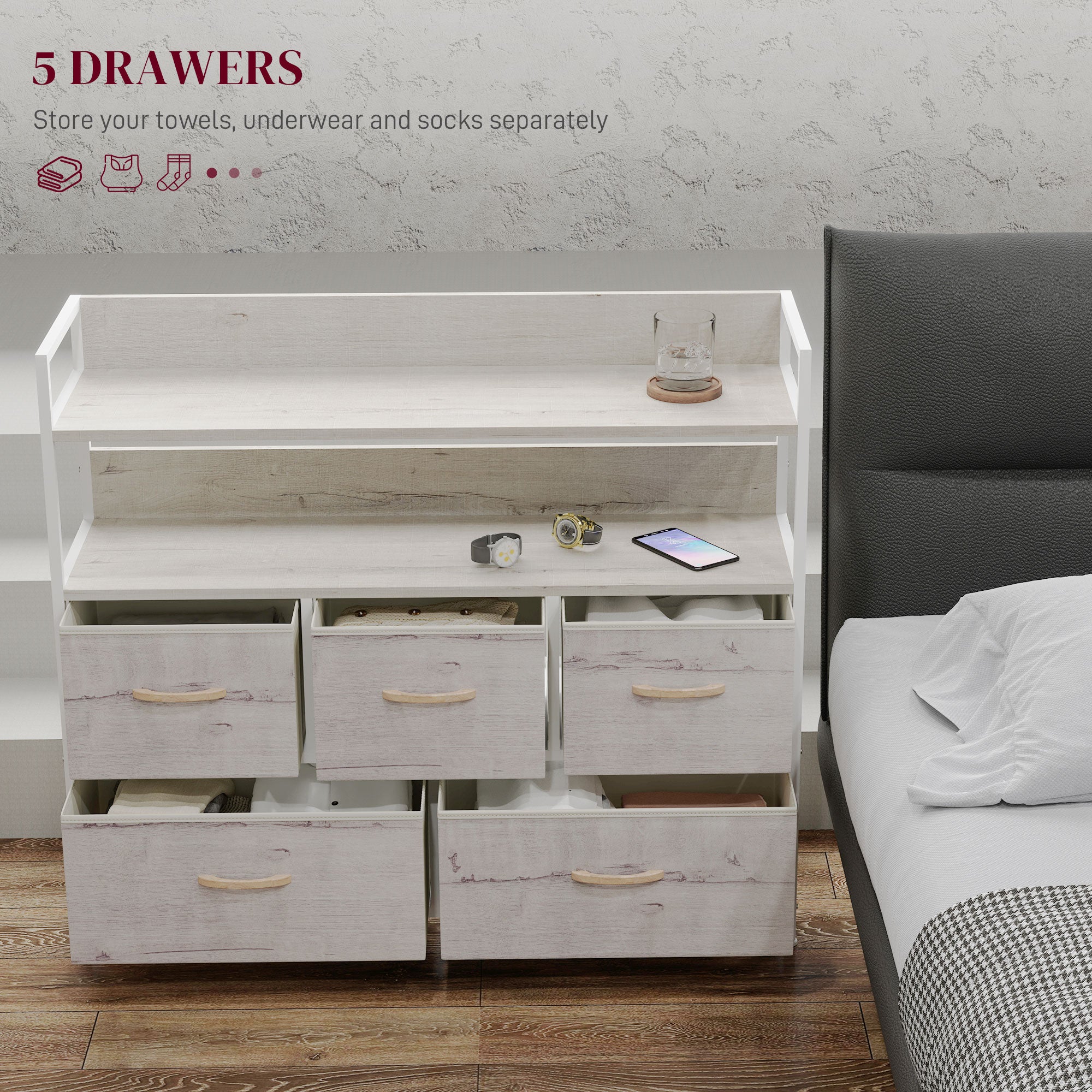 HOMCOM Rustic Chest of Five Fabric Drawers - Natural - North Peak Garden Furniture