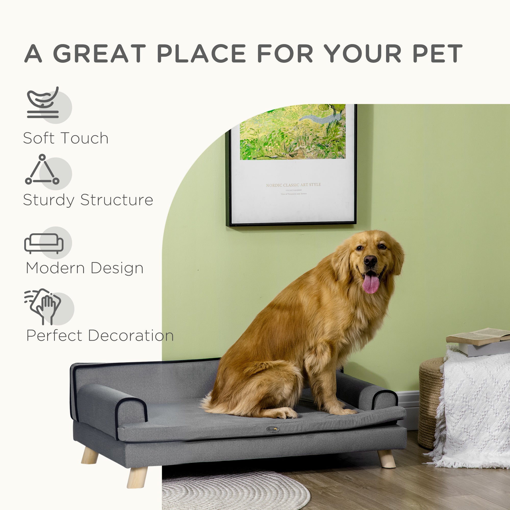 PawHut Dog Sofa, with Wooden Legs, Water-Resistant Fabric, for Medium & Large Dogs - Grey - North Peak Garden Furniture