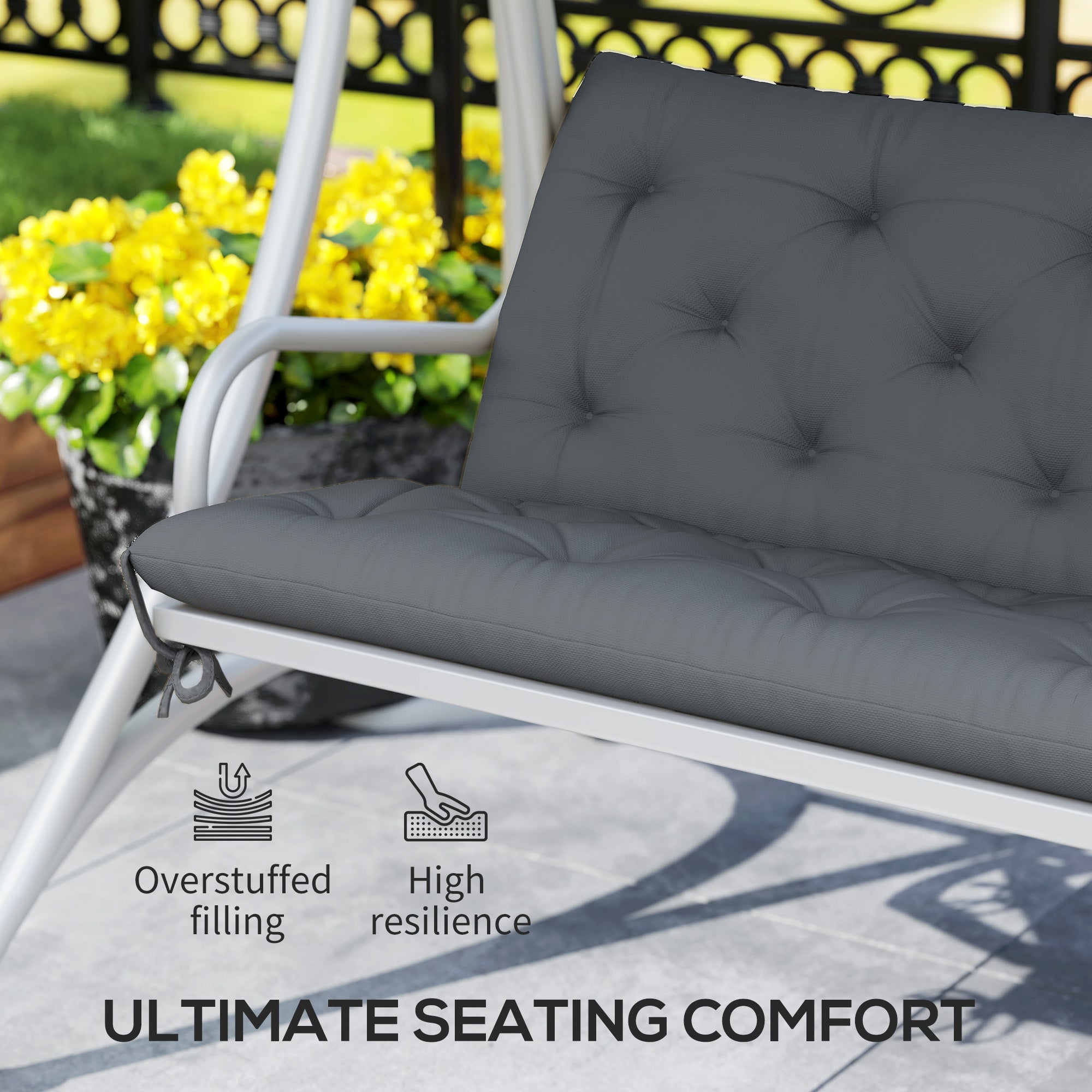 Outsunny 3 Seater Bench Cushion, Garden Chair Cushion with Back and Ties for Indoor and Outdoor Use, 98 x 150 cm, Dark Grey - North Peak Garden Furniture