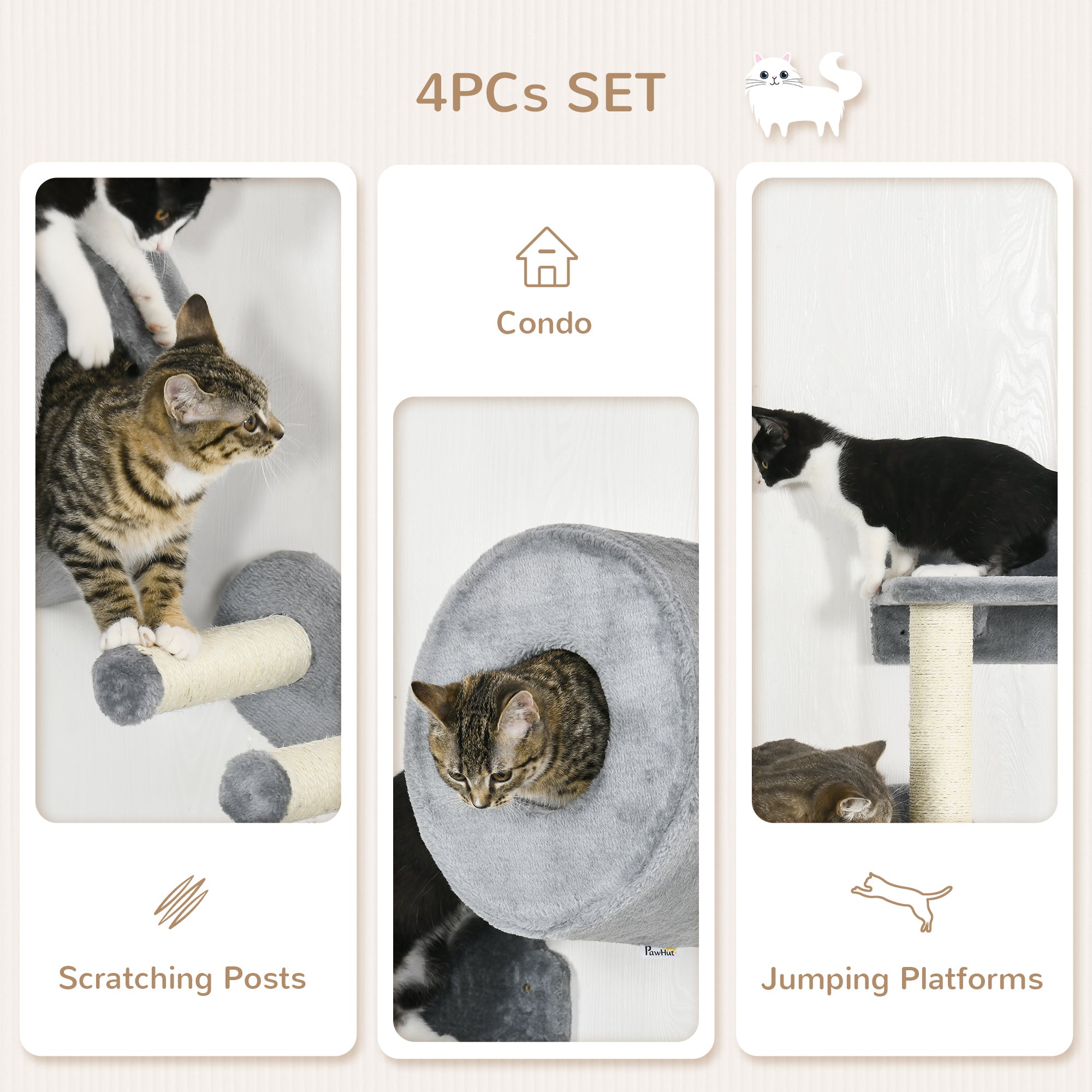 PawHut 4PCs Wall-Mounted Cat Tree, with Steps, Perch, Cat House - Grey - North Peak Garden Furniture