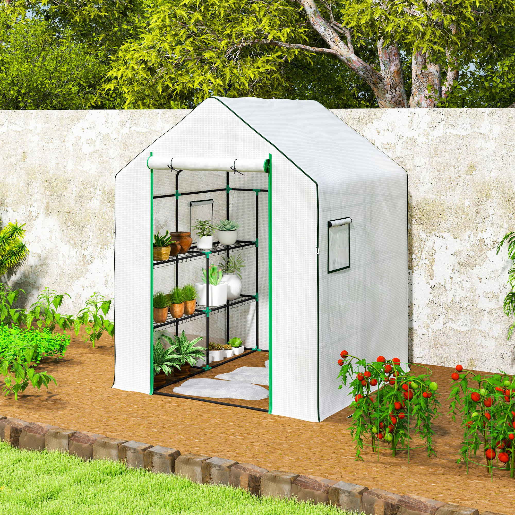 Outsunny 143 x 140cm Walk-In Greenhouse, with Accessories - White - North Peak Garden Furniture