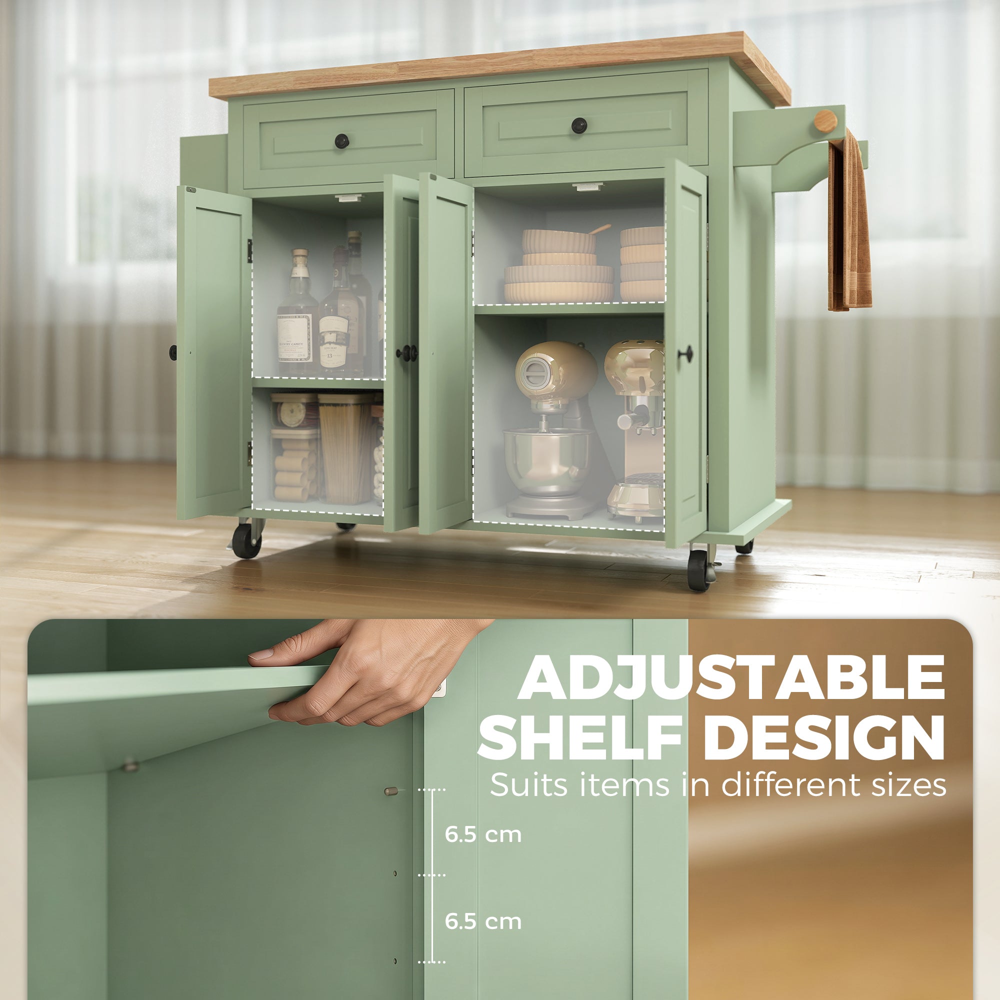 HOMCOM Rolling Kitchen Island Storage Trolley with Rubber Wood Top & Drawers for Dining Room, Light Green