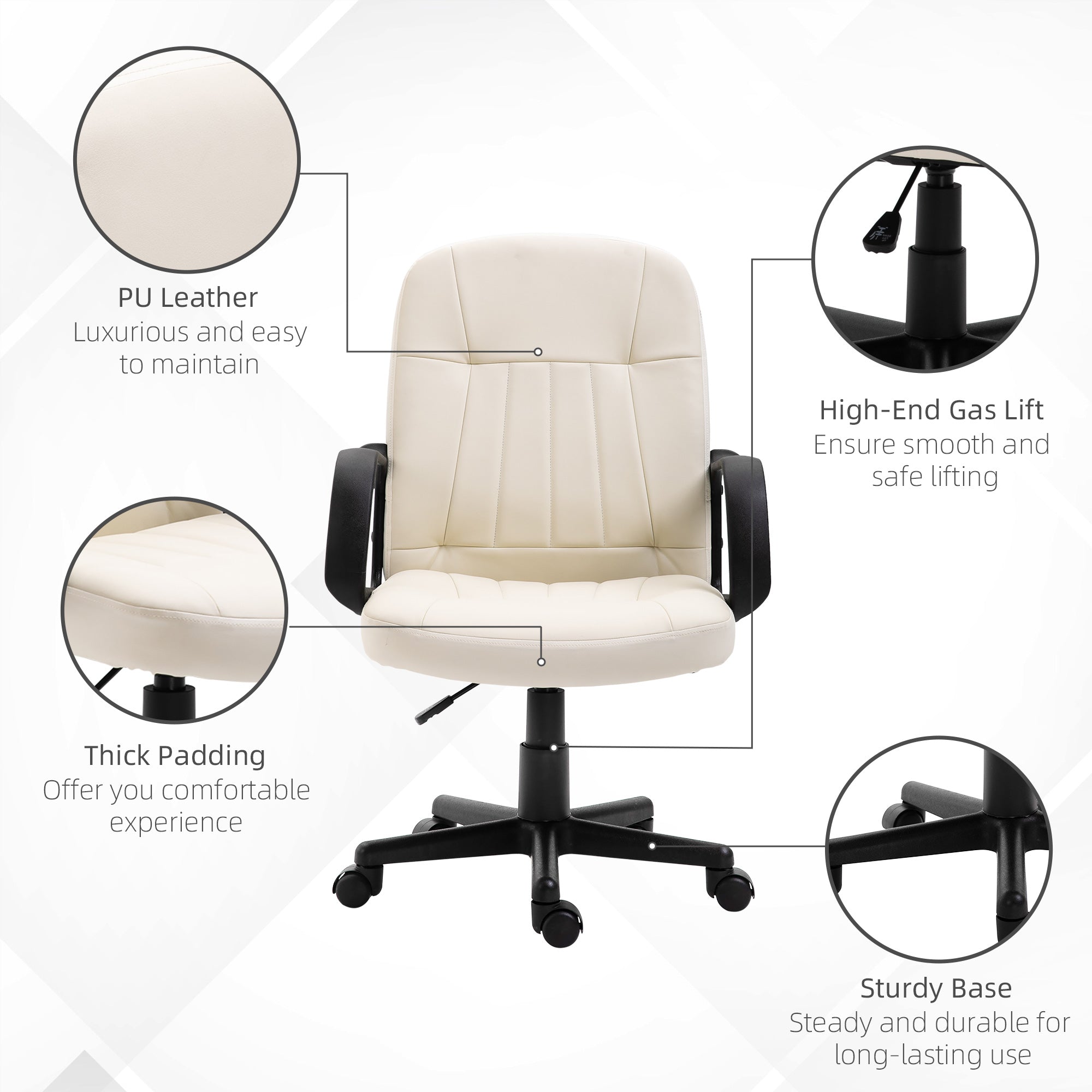 HOMCOM Swivel Executive Office Chair Home Mid Back PU Leather Computer Desk Chair for Adults with Arm, Wheels, Cream - North Peak Garden Furniture