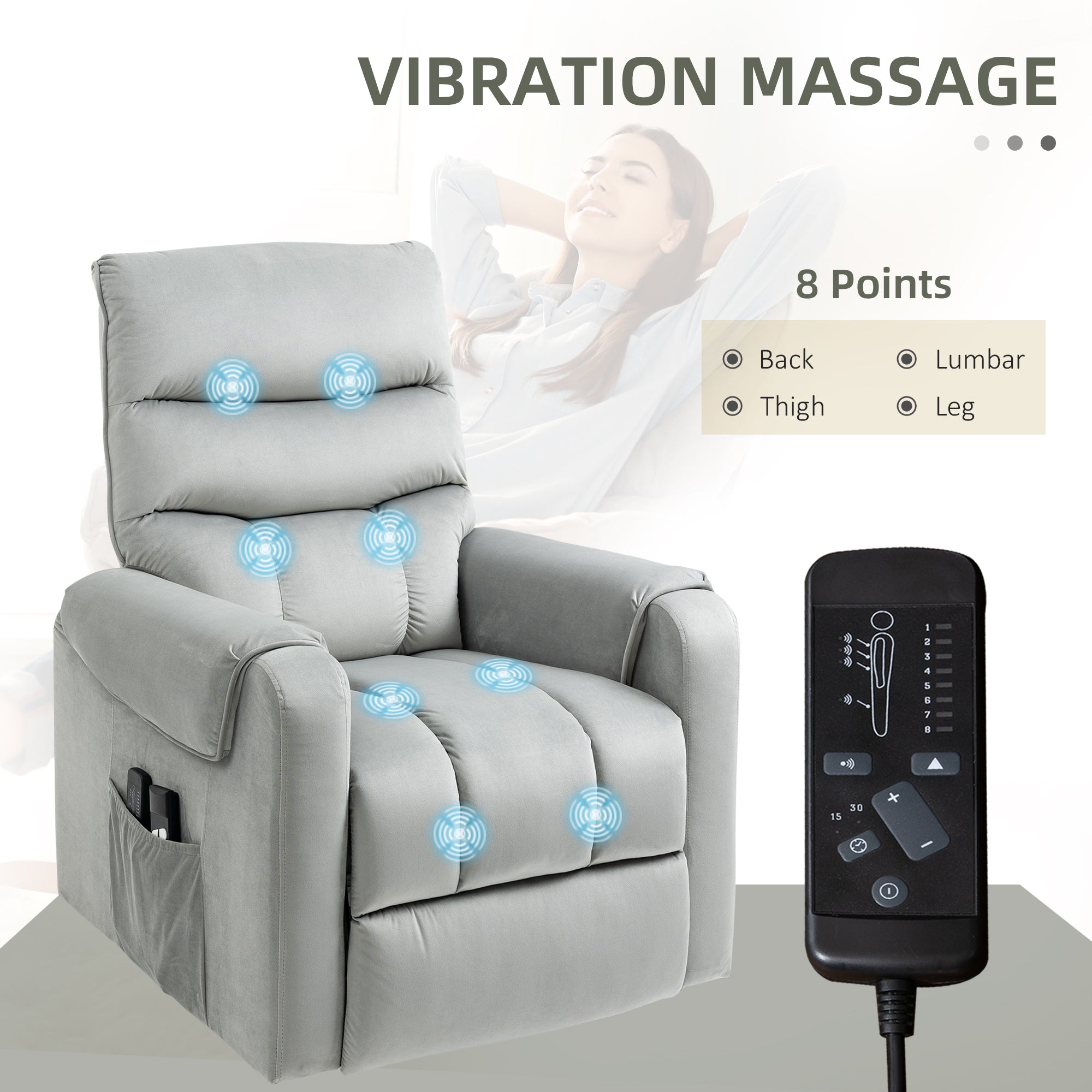 HOMCOM Vibration Massage Rise and Recliner Chair, Electric Power Lift Recliner with Remote Control and Side Pockets, Grey - North Peak Garden Furniture