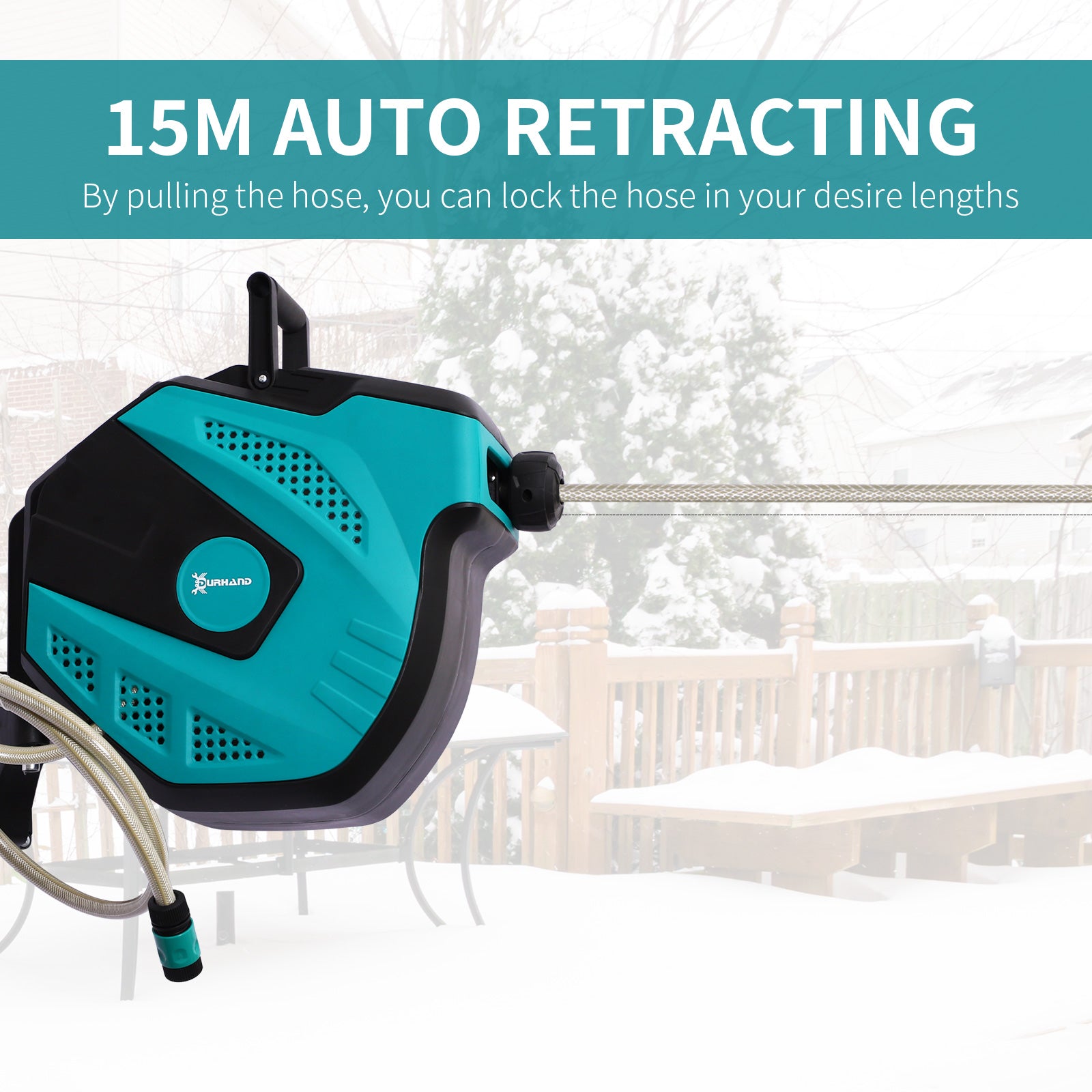 DURHAND 15m Garden Auto Hose Reel Wall Mounted Retractable 7 Patterns Spray Nozzle - North Peak Garden Furniture