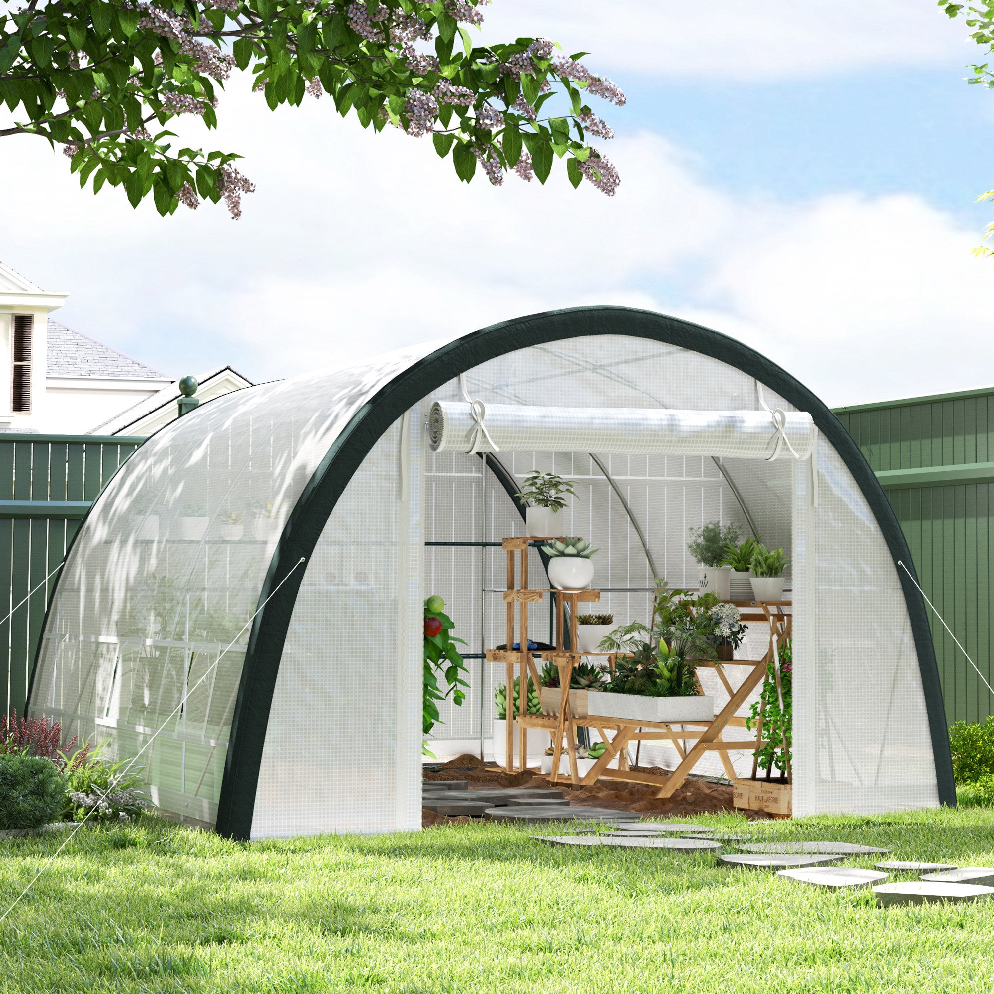 Outsunny 4 x 3(m) Walk-In Tunnel Greenhouse, with Accessories - White - North Peak Garden Furniture