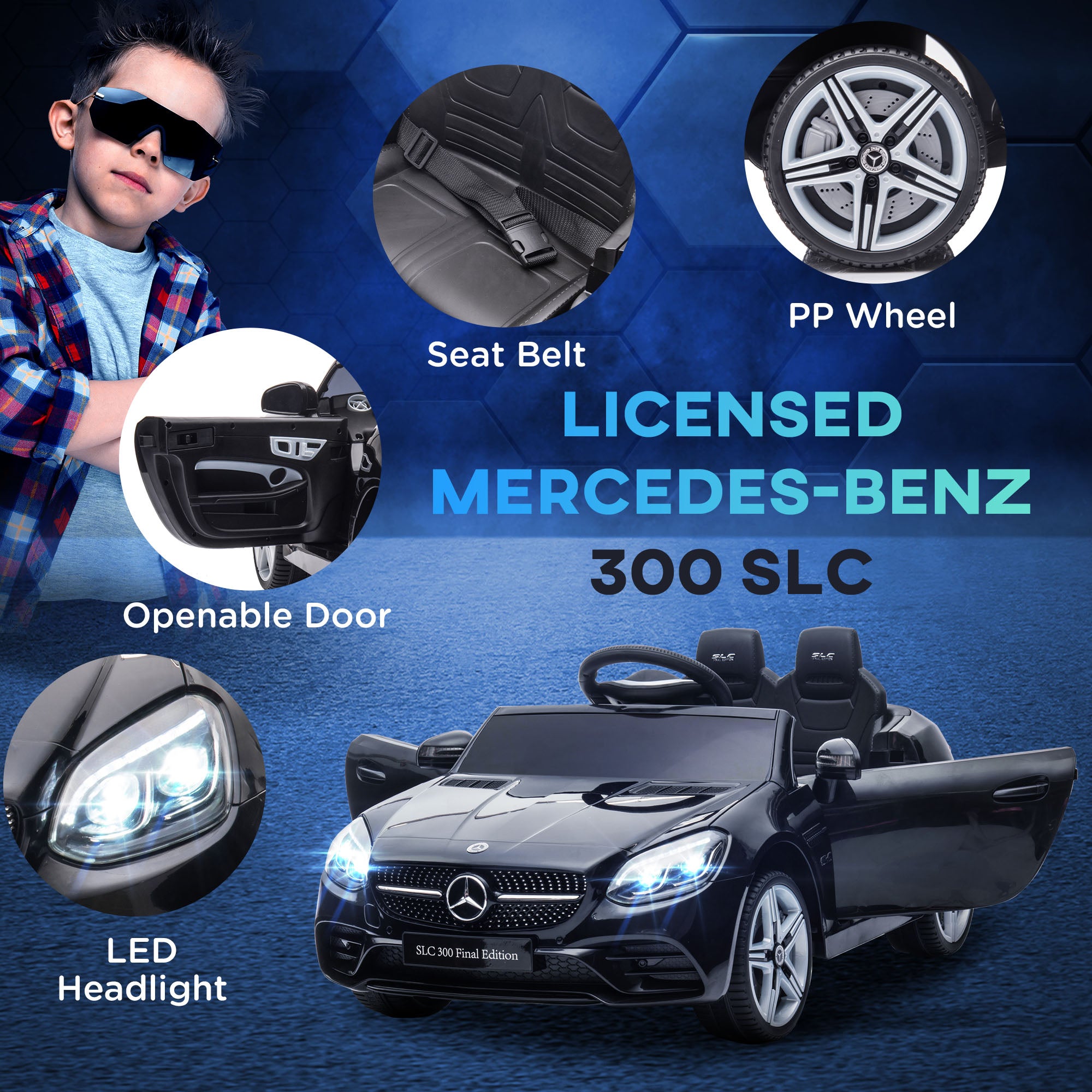 AIYAPLAY Benz SLC 300 Licensed 12V Kids Electric Ride On Car with Parental Remote Two Motors Music Lights Suspension Wheels for 3-6 Years Black - North Peak Garden Furniture