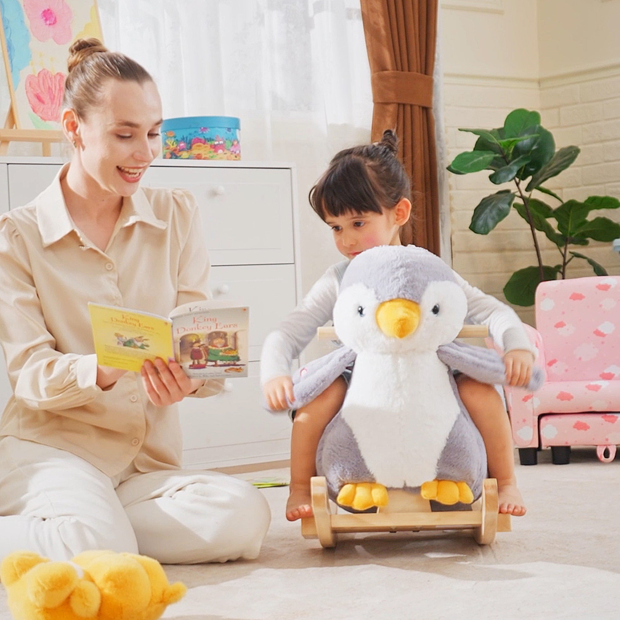 HOMCOM Children Kids Animal Rocking Horse Penguin Plush Musical Button 32 Songs Kid Rocker for 18+ Months - North Peak Garden Furniture