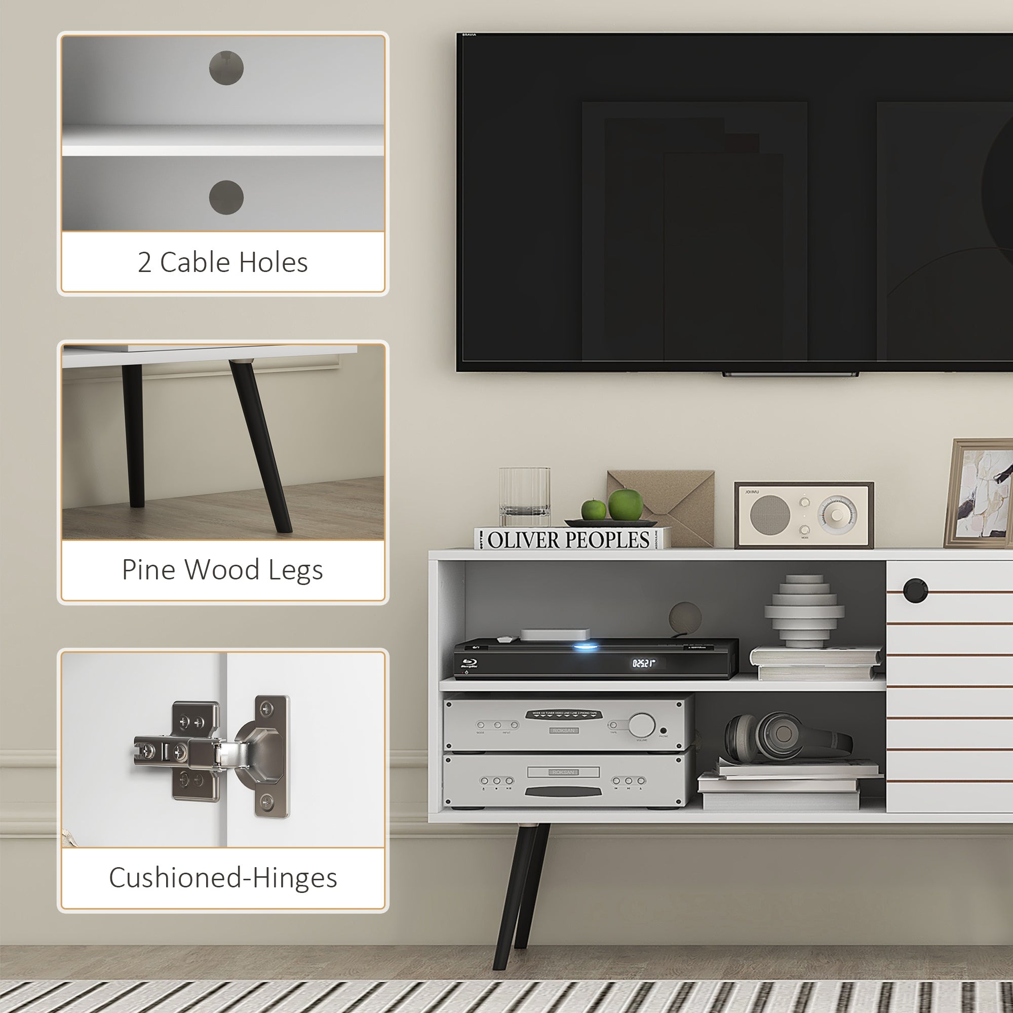 HOMCOM Duo Storage TV Unit, with Striped Door - White - North Peak Garden Furniture