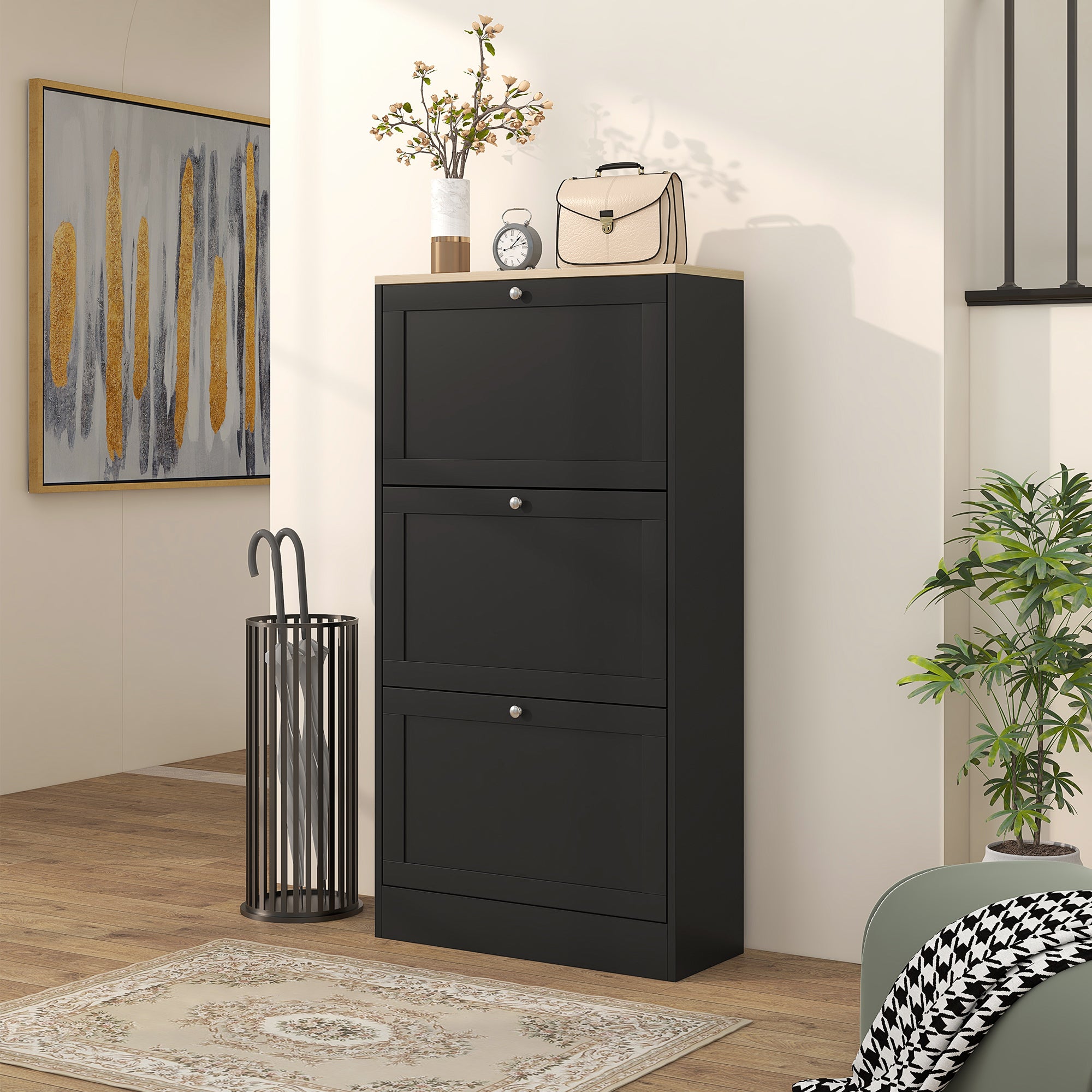 HOMCOM Modern Compact Three-Drawer Shoe Storage Cabinet - Black - North Peak Garden Furniture