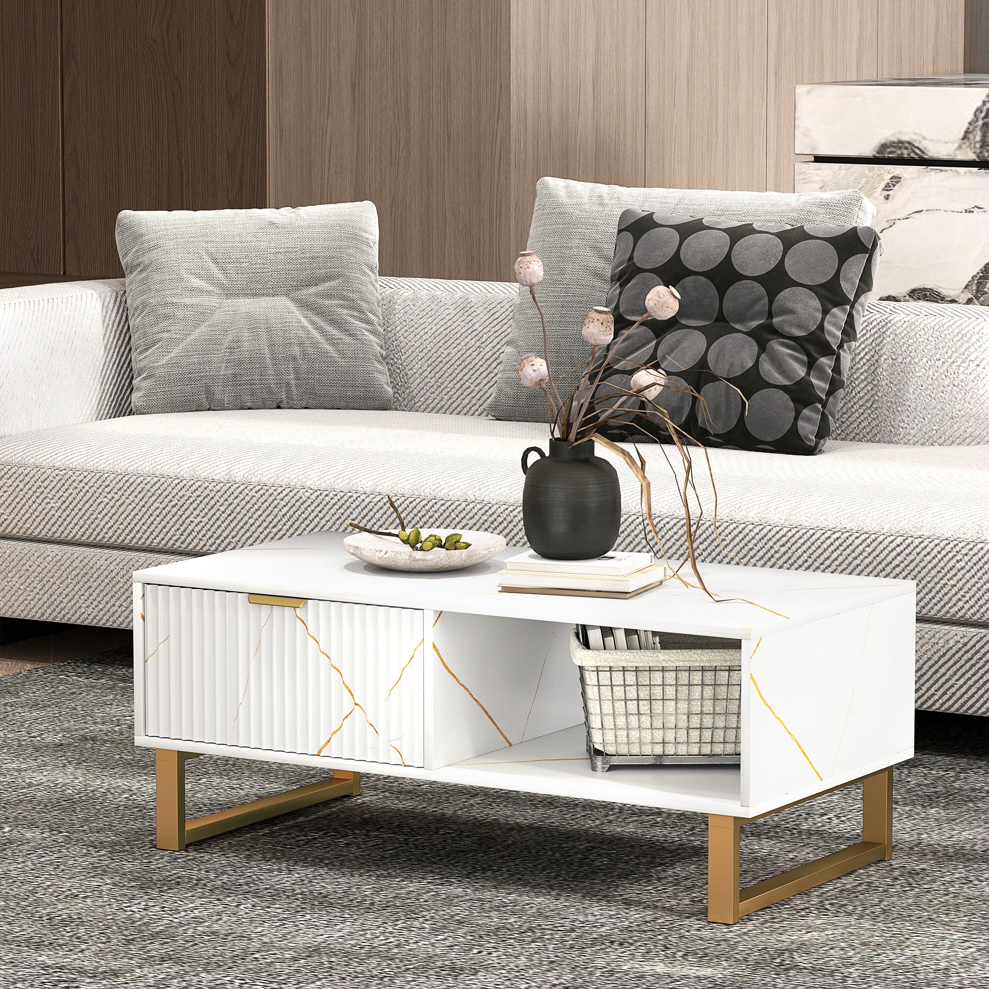 HOMCOM Elegant Marble Effect Storage Coffee Table - White - North Peak Garden Furniture