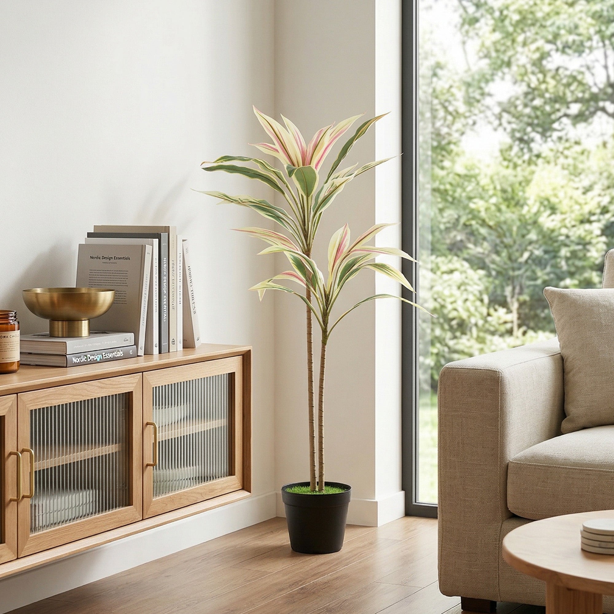 HOMCOM 90 cm Artificial Cordyline Tree in Moss Effect Pot, Realistic PEVA Faux Plant, Yellow