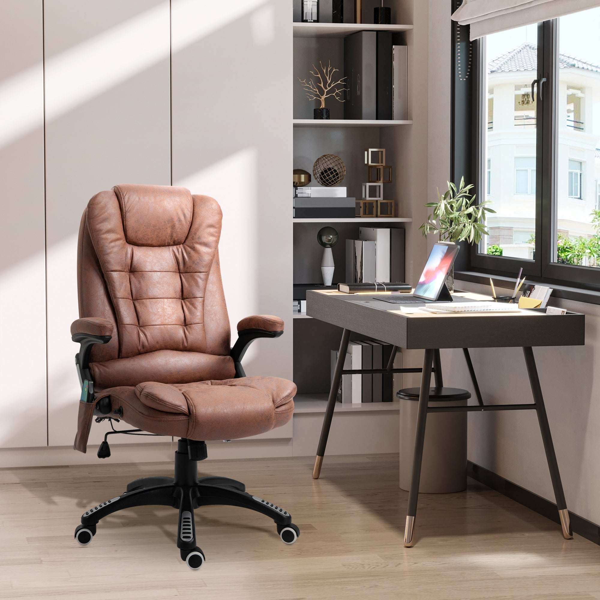 Vinsetto Massage Recliner Chair Heated Office Chair with Six Massage Points Microfiber Cloth 360° Swivel Wheels Brown - North Peak Garden Furniture
