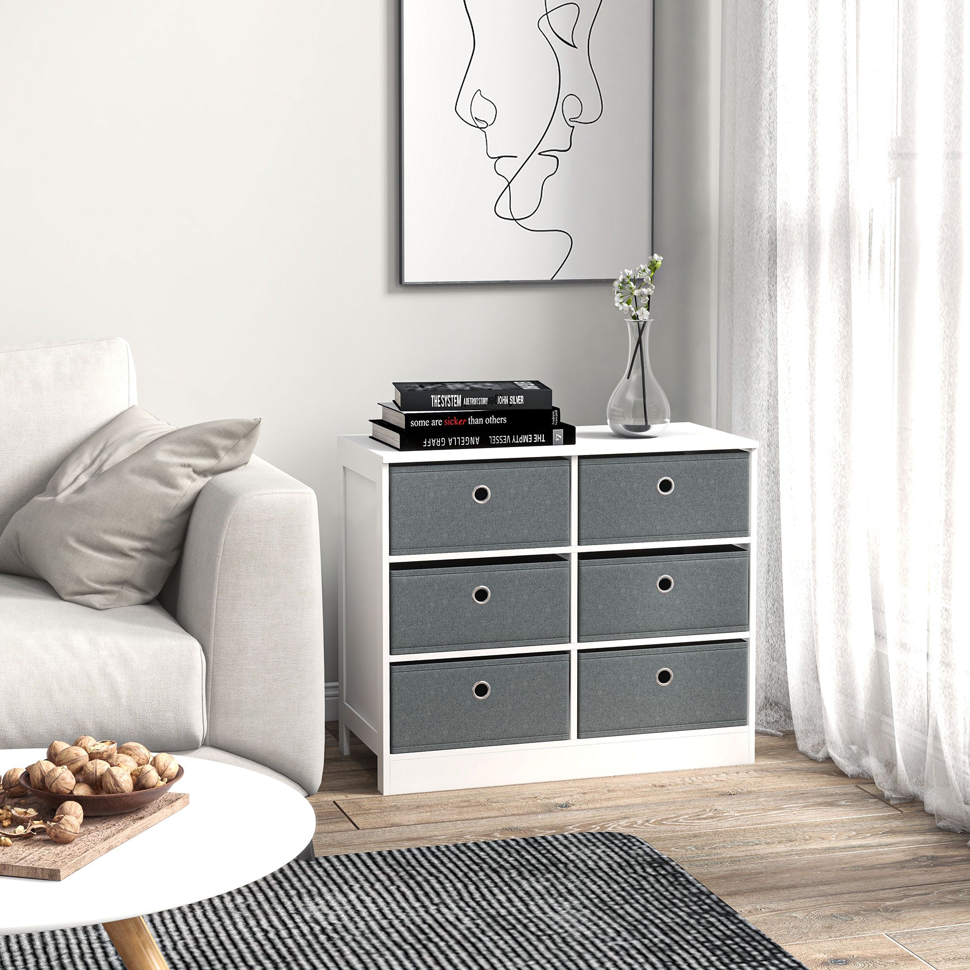 HOMCOM Chests of Drawer, Fabric Dresser Storage Cabinet with 6 Drawers for Bedroom, Living Room and Hallway, White and Grey - North Peak Garden Furniture