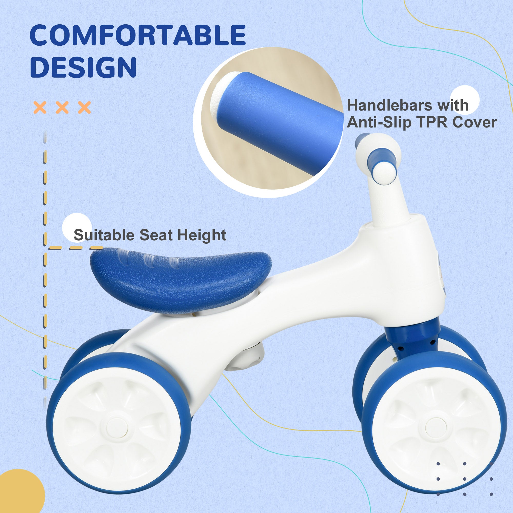 AIYAPLAY Balance Bike for Ages 18-36 Months, with Anti-Slip Handlebars, Four Wheels, No Pedal - Blue - North Peak Garden Furniture