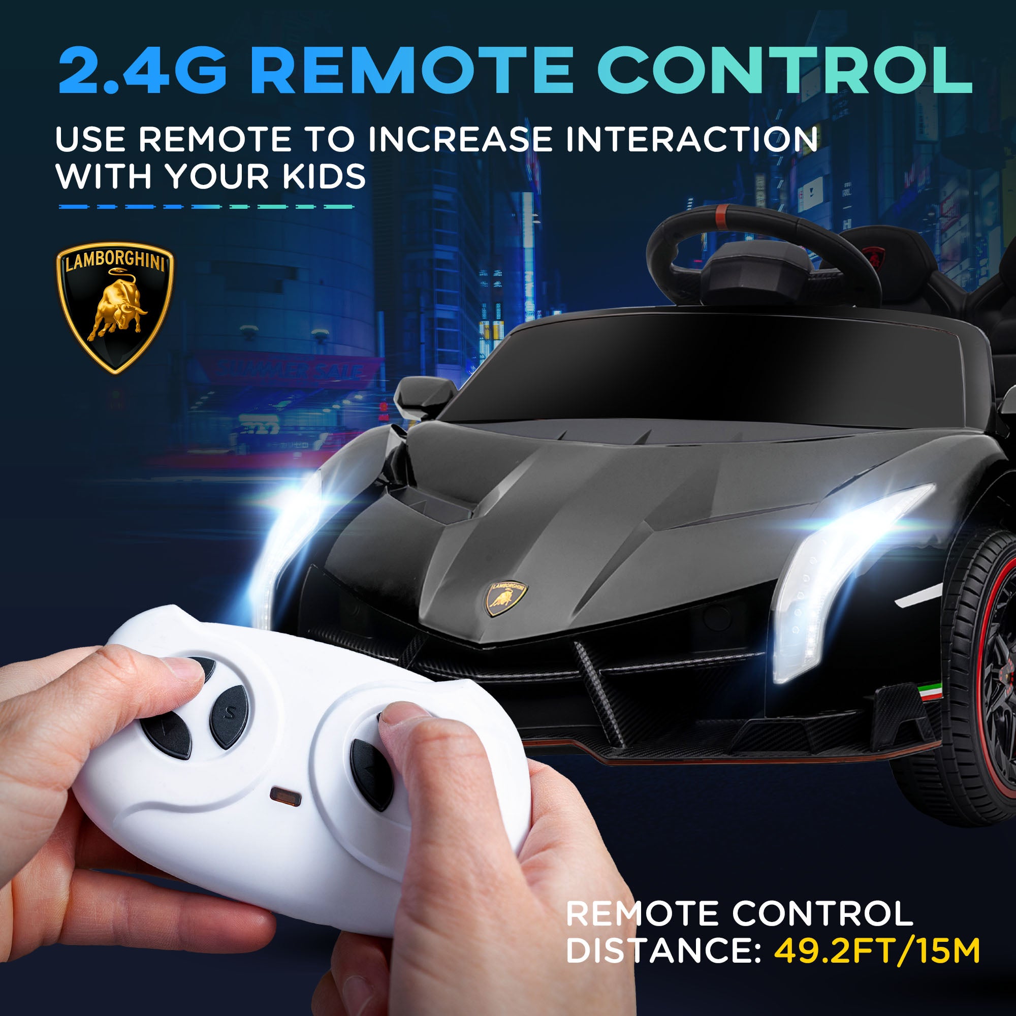 HOMCOM Lamborghini Veneno Licensed Electric Ride-On Car, with Remote, Music, Horn - Black - North Peak Garden Furniture