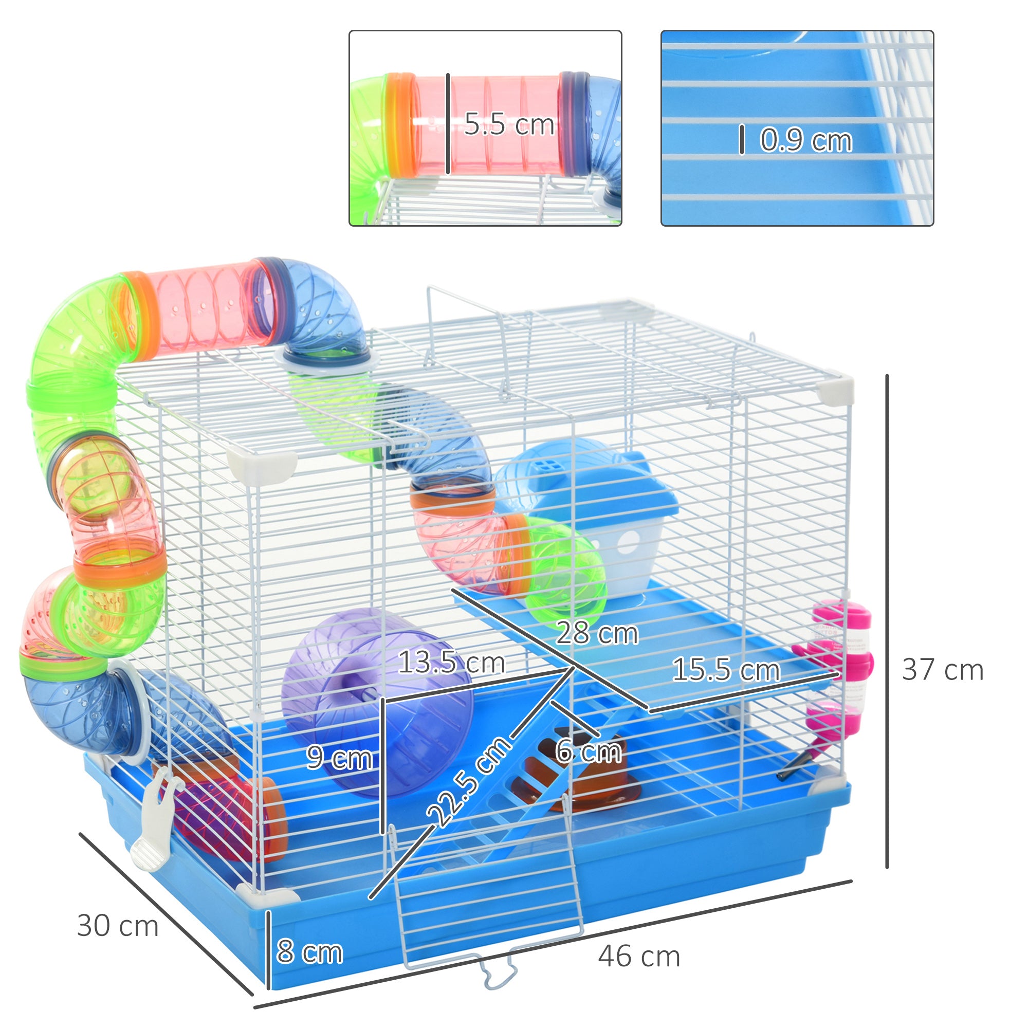 Pawhut 2 Tier Hamster Cage Carrier Habitat Small Animal House with Exercise Wheels Tunnel Tube Water Bottle Dishes House Ladder for Dwarf, Blue - North Peak Garden Furniture