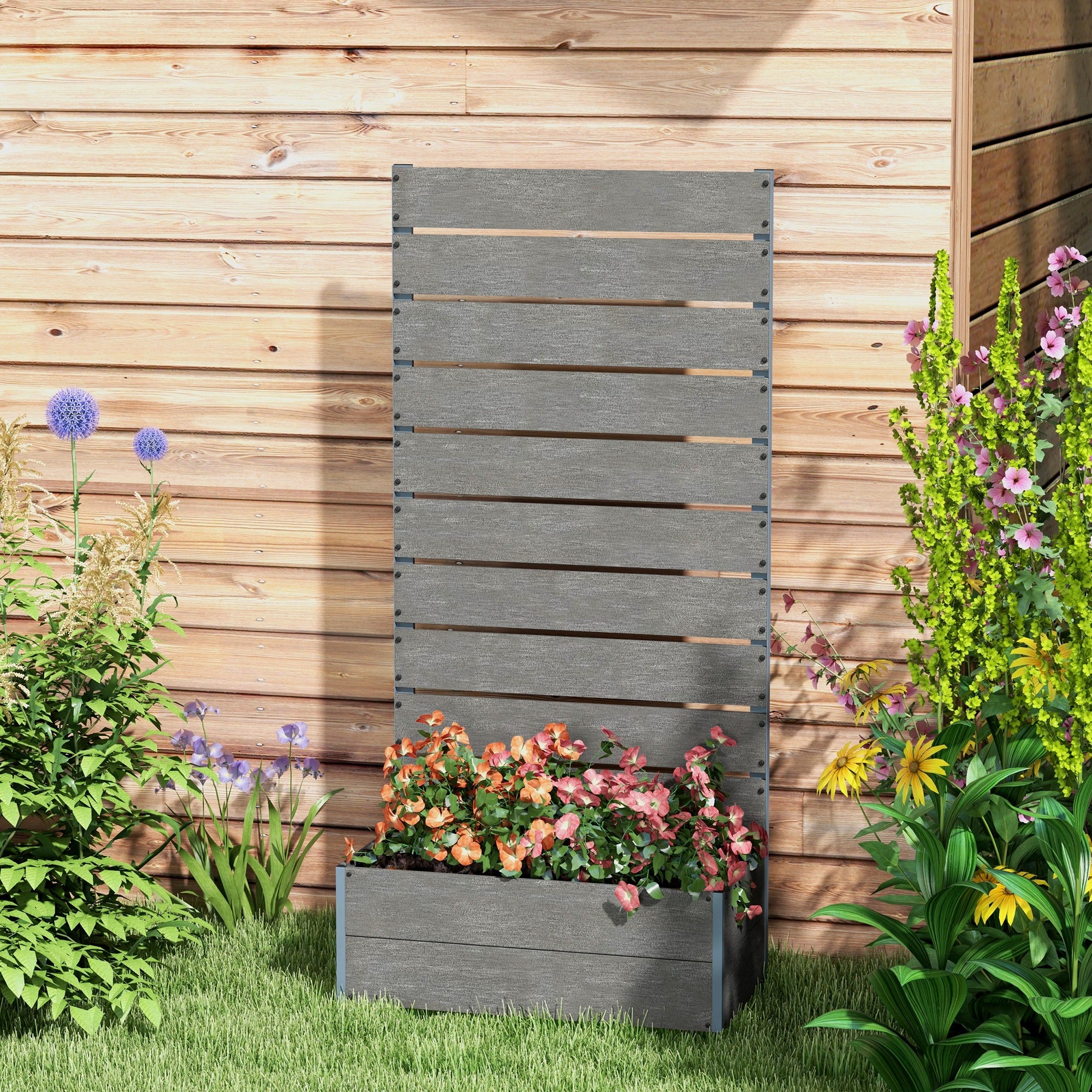 Outsunny 34 x 69.5cm Garden Planter Box, with Back Trellis - Grey