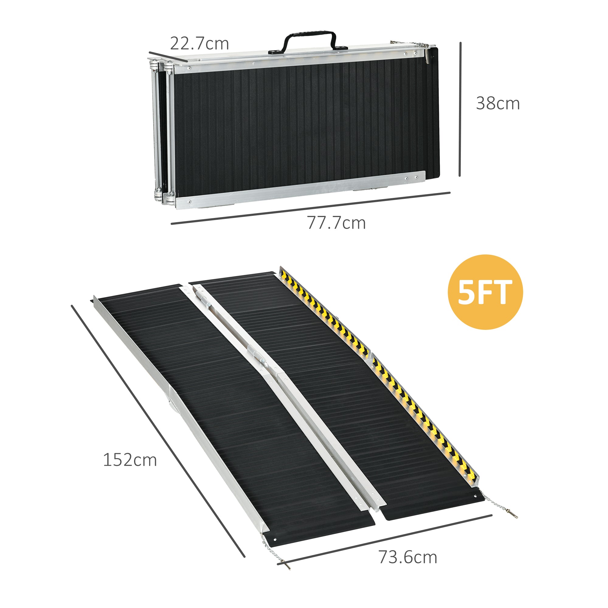 HOMCOM Wheelchair Ramp, 152L x 73Wcm, 272KG Capacity, Folding Aluminium Threshold Ramp with Non-Skid Surface, Transition Plates Above and Below for Home, Steps, Stairs, Curbs, Doorways